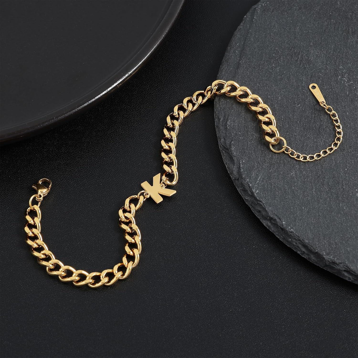 Initial Bracelet for Men 18K Gold Plated Letter Charm Bracelet Letter A-Z Charm Adjustable Cuban Link Chain Bracelet for Boyfriend Father - Image 4