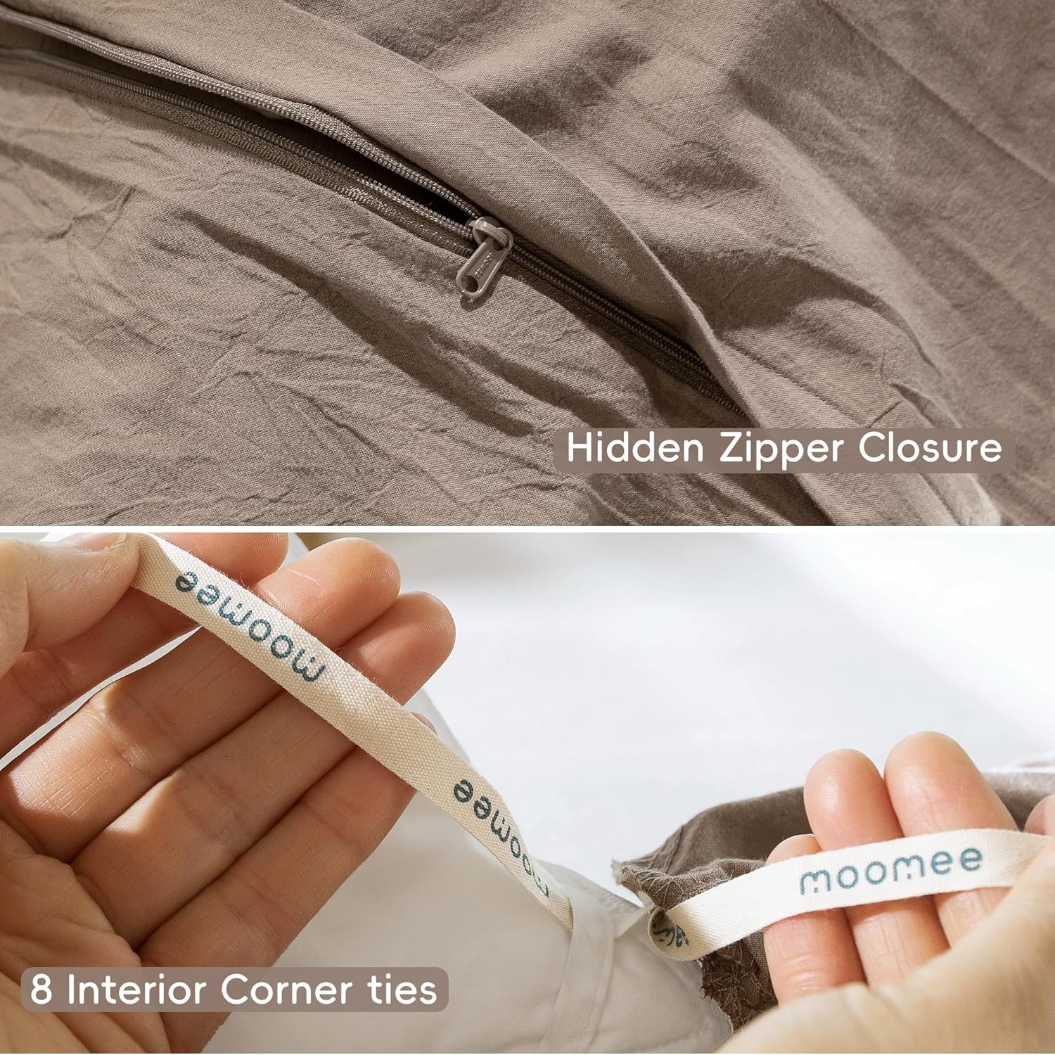 MooMee Bedding Duvet Cover Set 100% Washed Cotton Linen Like Textured Breathable Durable Soft Comfy (Solid Brown, Queen 90"x90") - Image 8