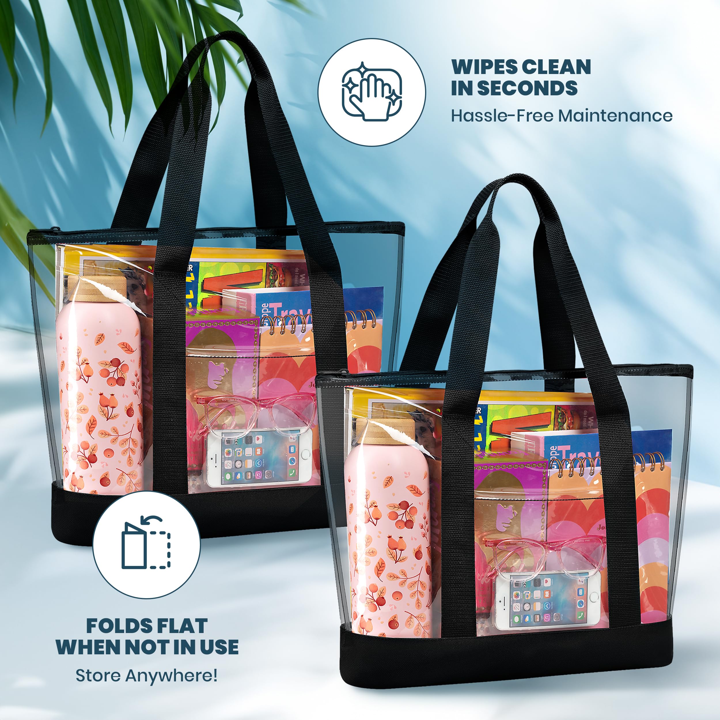 Bolsa de mano transparente, cierre de cremallera, correa de hombro larga, ribete de tela, (negro) 7