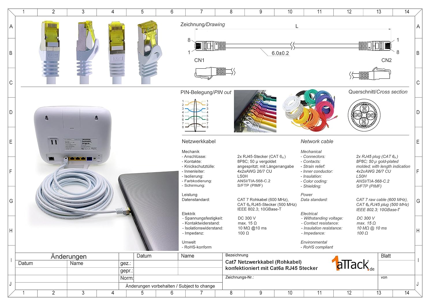 1aTTack.de Cat.7 Patch Cable Set S/FTP (PiMF) Ethernet LAN Network Cables 10 Gigabit/s High Speed 600 MHz with Locking Protection Halogen-Free (LSZH) Violet - 5 Pieces 1 5m
