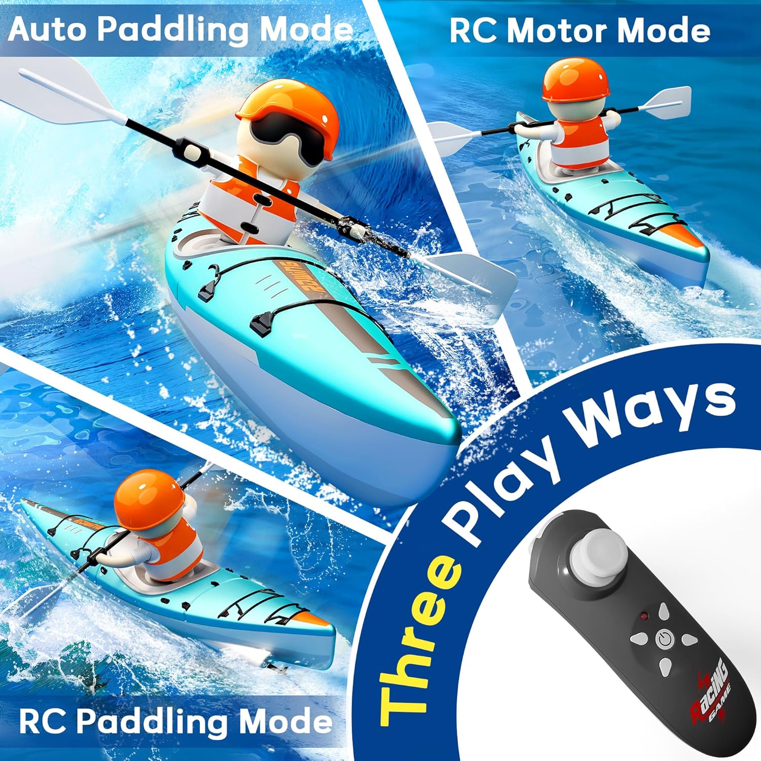 iPlay, iLearn Kids Remote Control Boat Toy, Toddler RC Kayak Paddle Boats Toys Boys 4-8-12, Water Racing W/Light Outdoor Lake Bathtub, Cool Birthday Gifts for 5 6 7 9 10 Year Old Child Girl-Blue