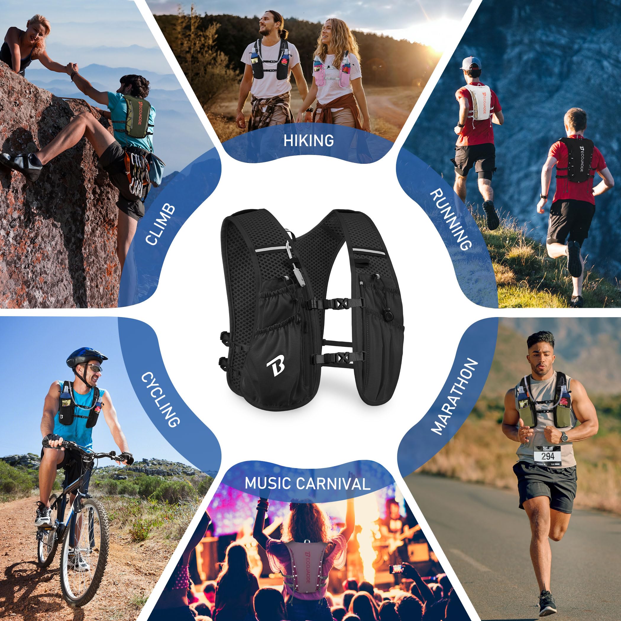 BECOJADDE Gilet da corsa per uomo e donna, zaino da corsa leggero da 5 l, zaino per l'idratazione per maratona, sentiero, ciclismo, escursionismo, jogging