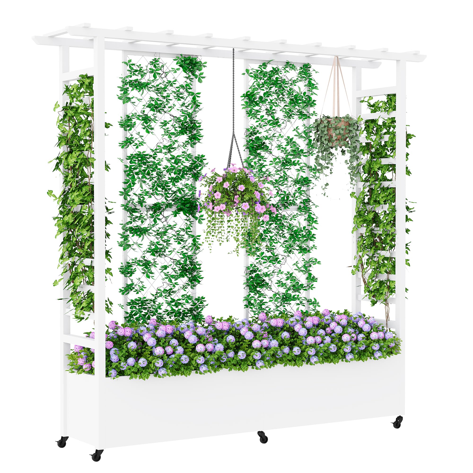 Jardinera elevada con enrejado y techo colgante, jardinera metálica resistente a la intemperie con 4 ruedas y 2 enrejados laterales para plantas trepadoras, mampara divisoria móvil para exteriores.