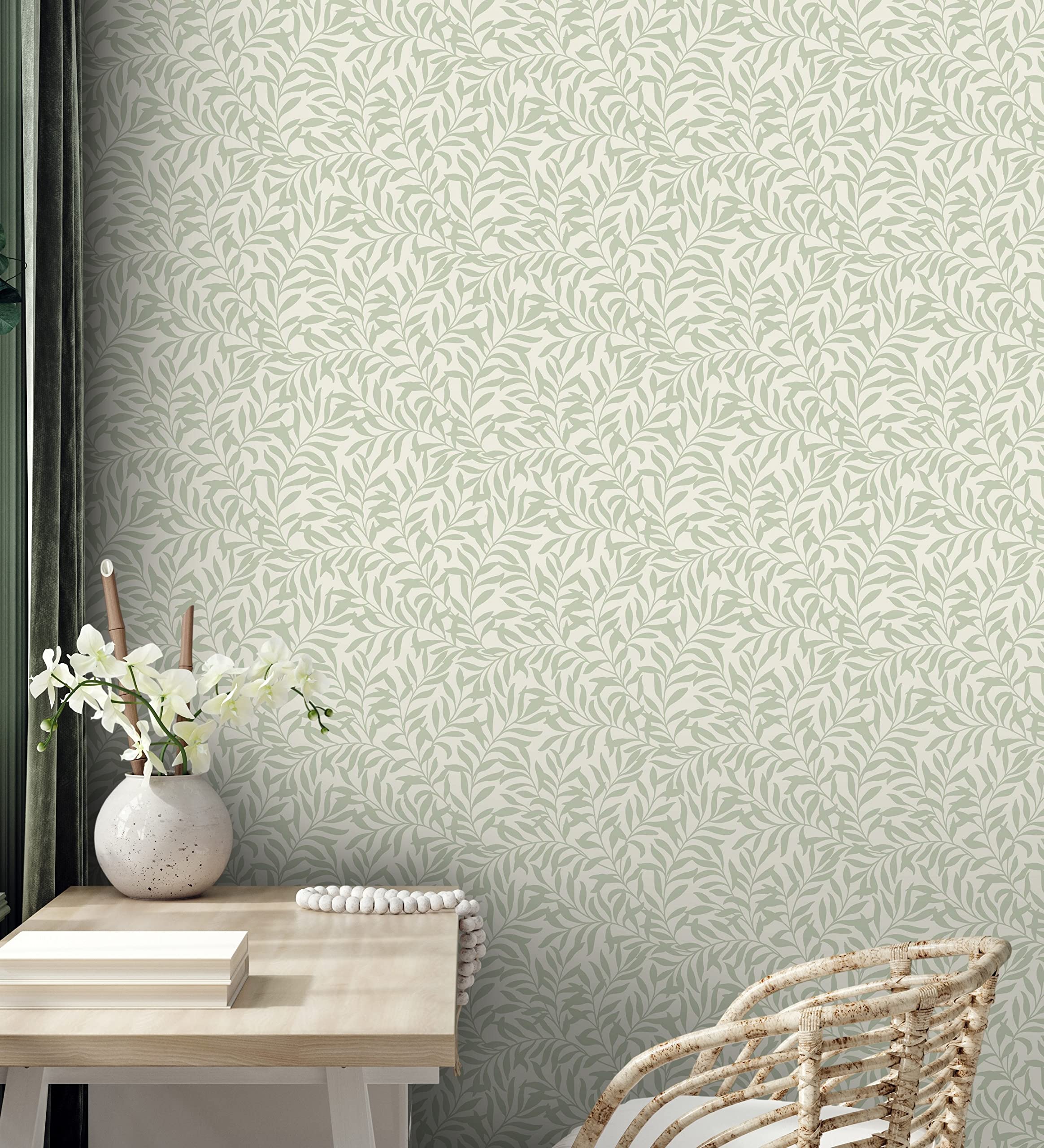 GAULAN 681206 - Papel pintado vinílico ecológico de hojas efecto nacarado color verde para pared salón cocina baño dormitorio comedor - Rollo de 10 m x 0,53 m