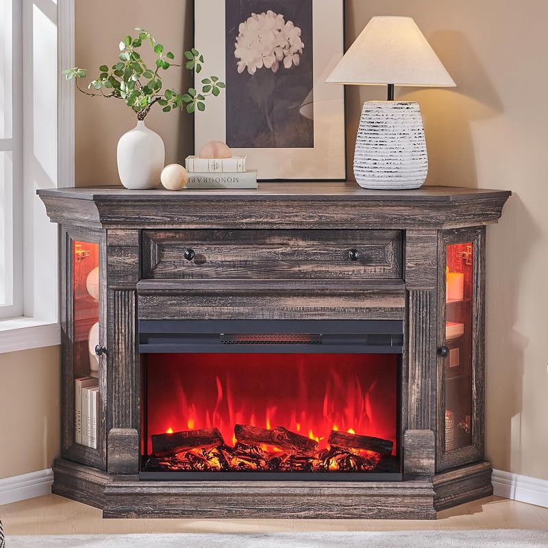 OKD 56" Farmhouse Corner TV Stand with 3-Sided Fireplace, Dark Rustic Oak