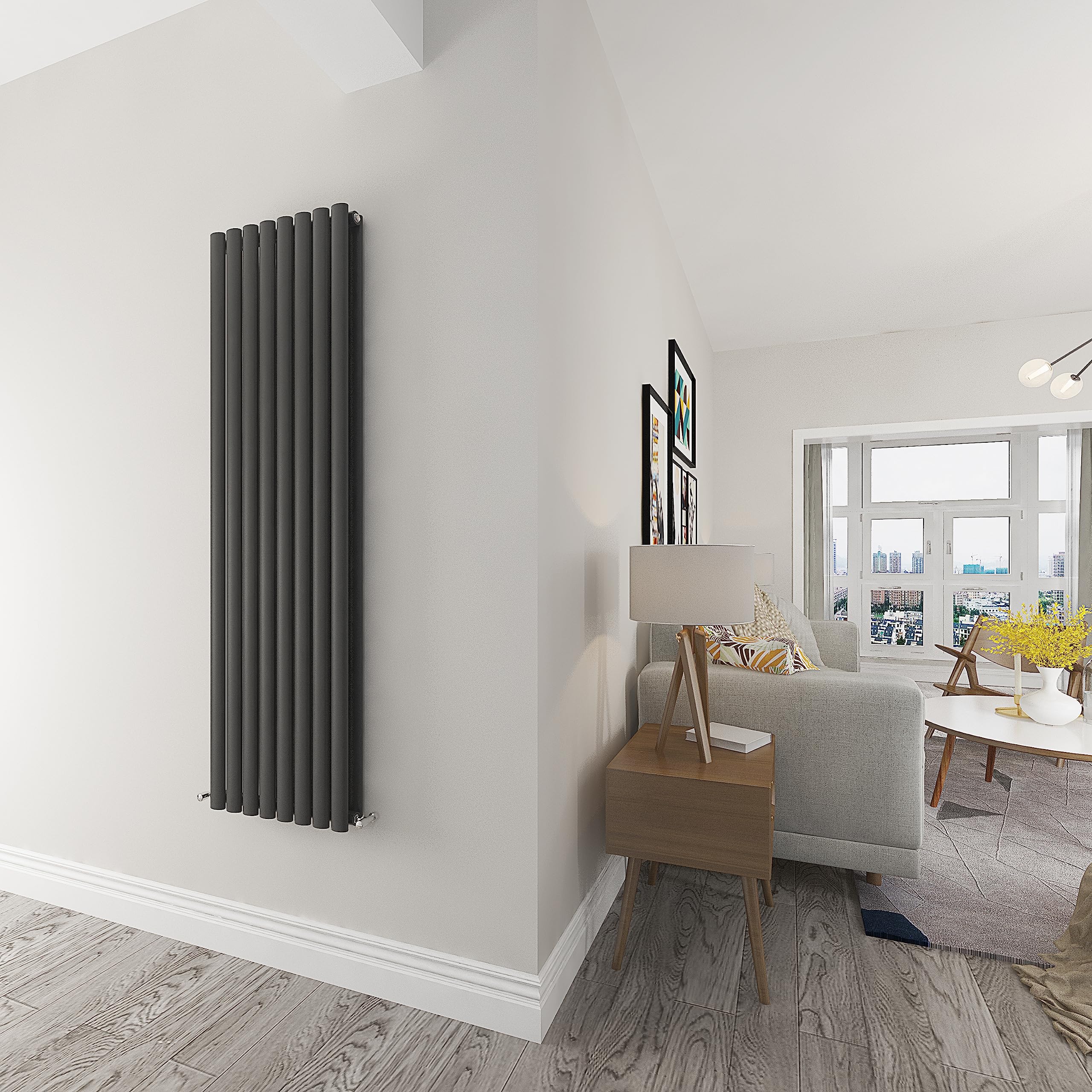 Skybathroom | 1600x472mm Vertical Anthracite Oval Double Panel Tall Upright Central Heating Radiator