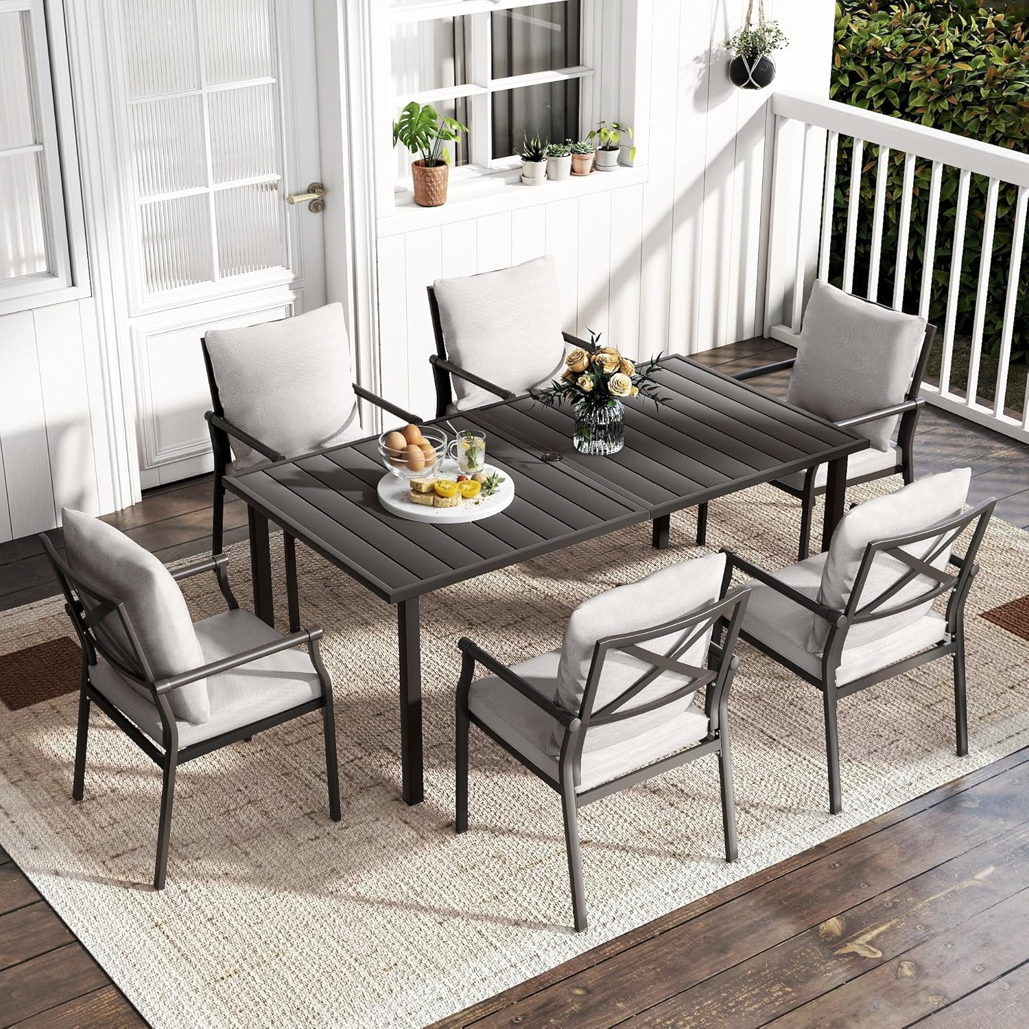 HAPPATIO Patio Dining Set, Metal Outdoor Table and Chairs Set for 6, Powder-Coated Metal Chairs with Thickened Cushions, 60" Rectangular Table with 1.5" Umbrella Hole for Deck Backyard Lawn