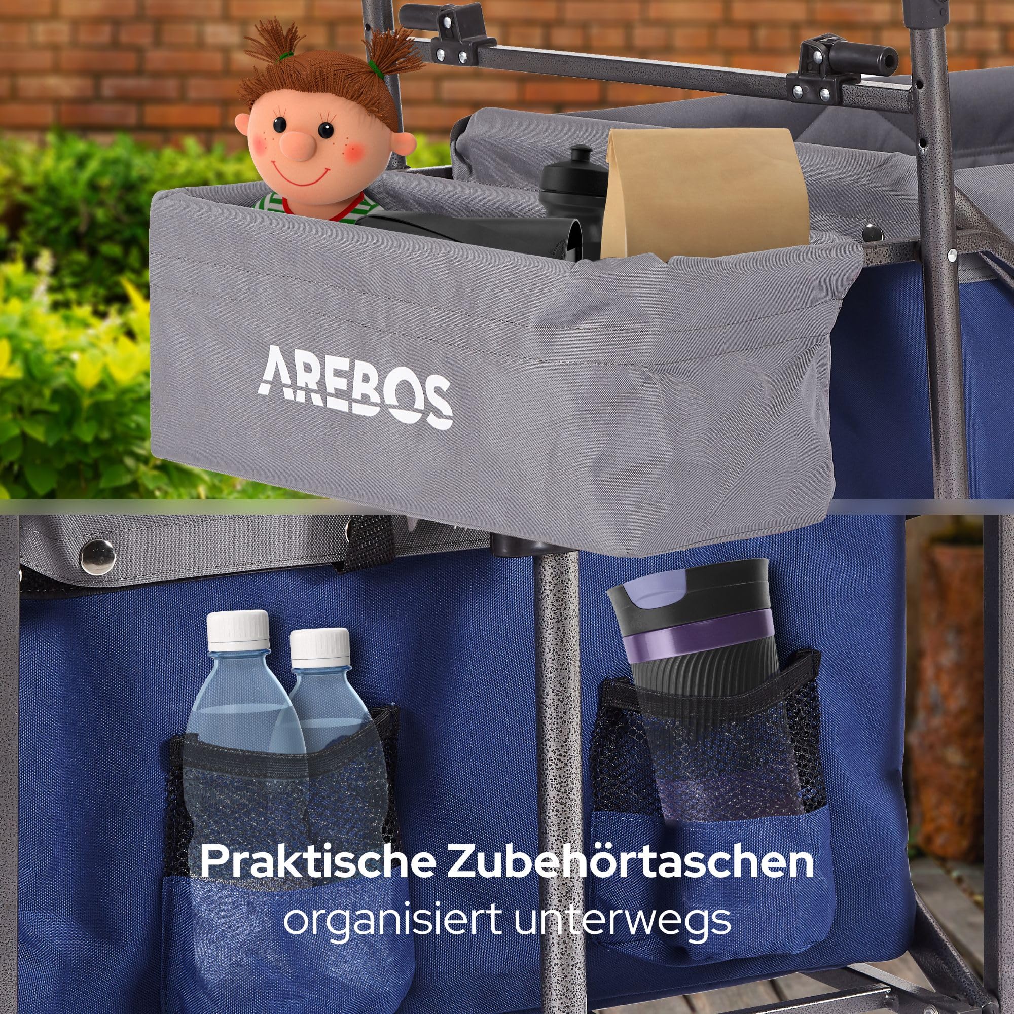 Arebos Bollerwagen faltbar mit Dach | Luxus Handwagen | Faltwagen | Transportwagen | XXL Tasche | klappbar | bis 100 kg | Gerätewagen | 360° Vorderräder | Blau