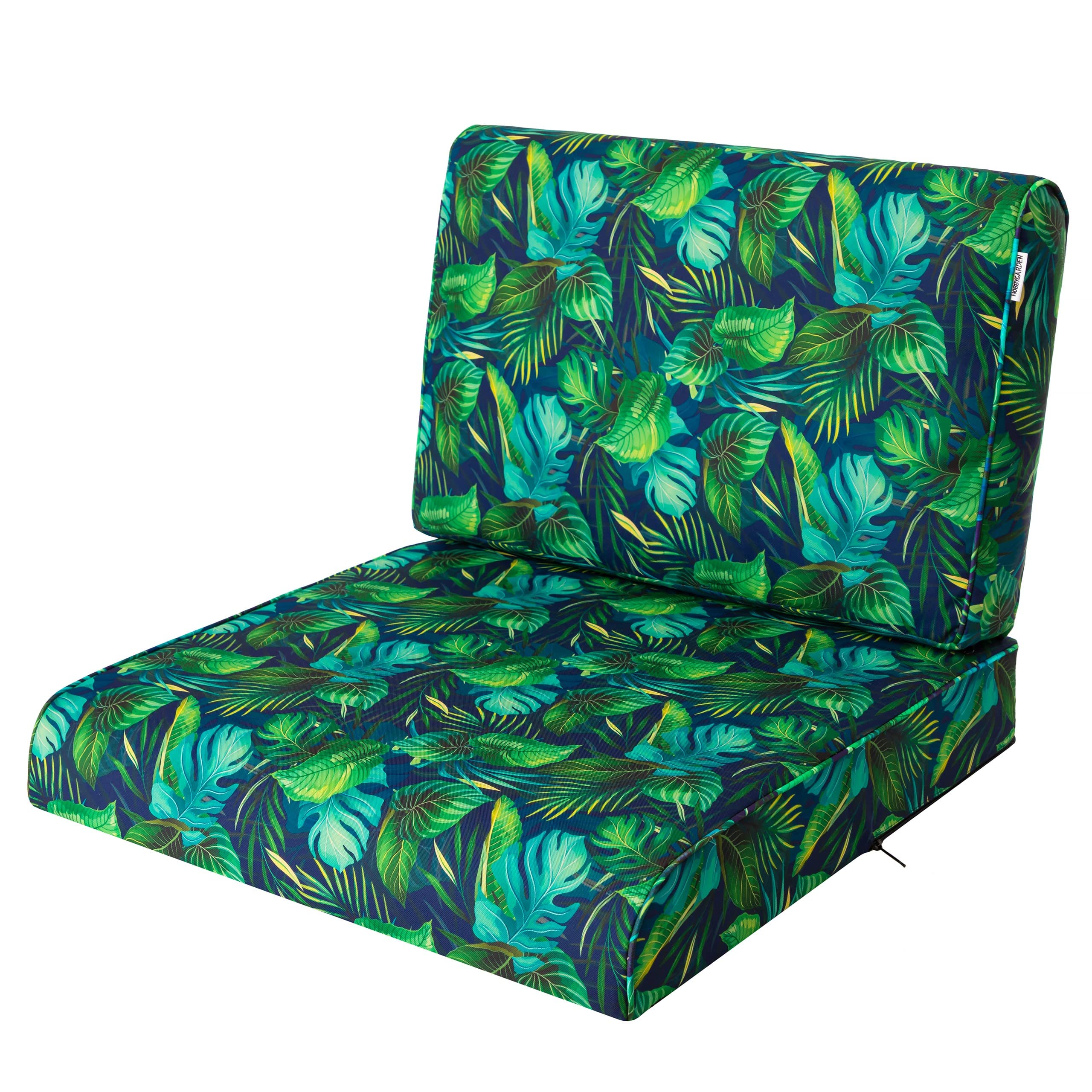 PillowPrim, Chair Cushion, Cushion for Rattan Chair, Outdoor, Pad, Pallet Pillow, Seat Cushion, Rattan Furniture, Blue Leaves, 70 x 70 cm