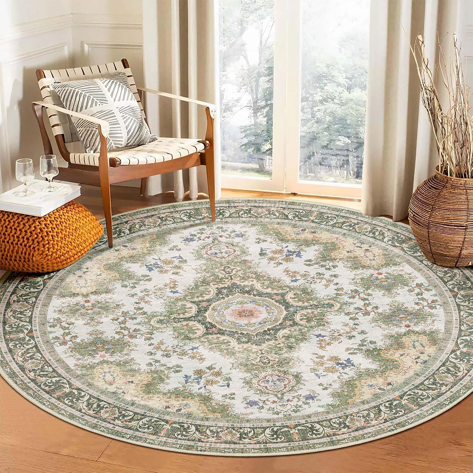 Green Round Rug 6ft,Large Circle Area Rugs for Living Room Bedroom Dining Room,Washable Boho Vintage Bohemian Distressed Oriental Floral Carpet Non Slip,Sage Floral