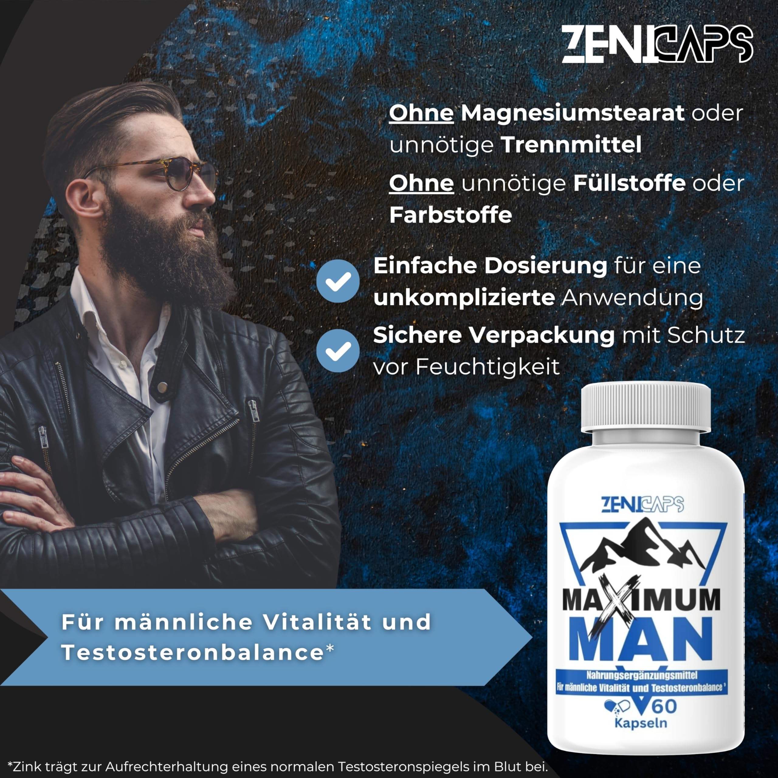 MAXIMUM MAN Original | Für aktive Männer – mit Zink für den Testosteronspiegel* | Einfache Anwendung | mit L-Arginin, Tribulus Terrestris, Maca, Ashwaganda