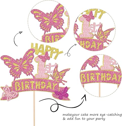 Miniatura 2 de 1 pieza de decoración de pastel de mariposa con purpurina dorada y rosa para primer cumpleaños, decoración de pastel de mariposa para baby shower,