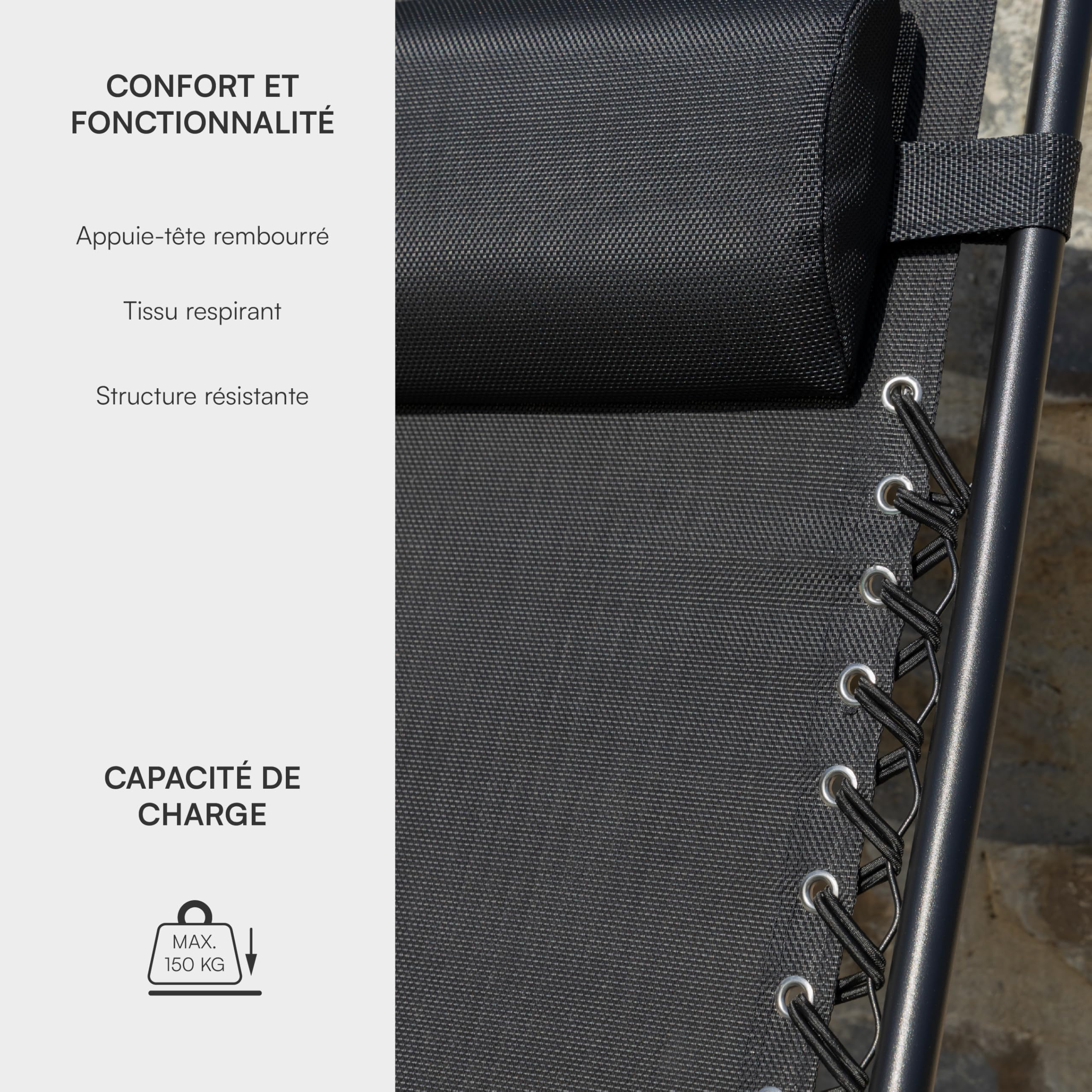 Baroni Home Chaise Longue de Jardin Zero Gravity, Fauteuil Relax avec Appui-Tête Rembourré, Transat d’été en Accier Allié, Chaise d’Extérieur Confortable, 165x65x11 cm, Noir
