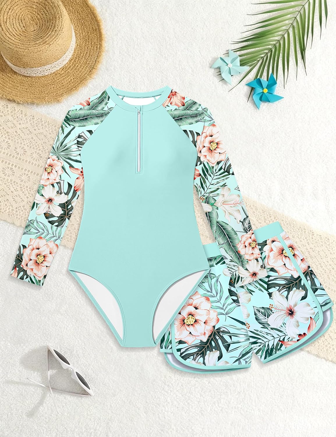 NECIOUS Girls Rash Guard Swimsuit 2 Piece Long Sleeve One Piece Bathing Suit with Swim Shorts UPF 50+ Swimwear Sets 9-16Y