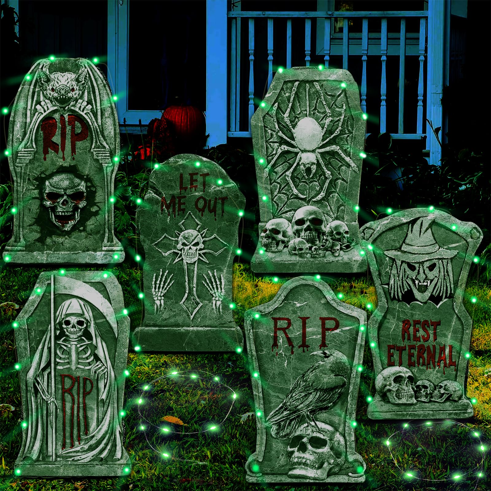 6x Halloween Grabsteine Mit LED-Lichterkette - Gruseldekoration Für Garten