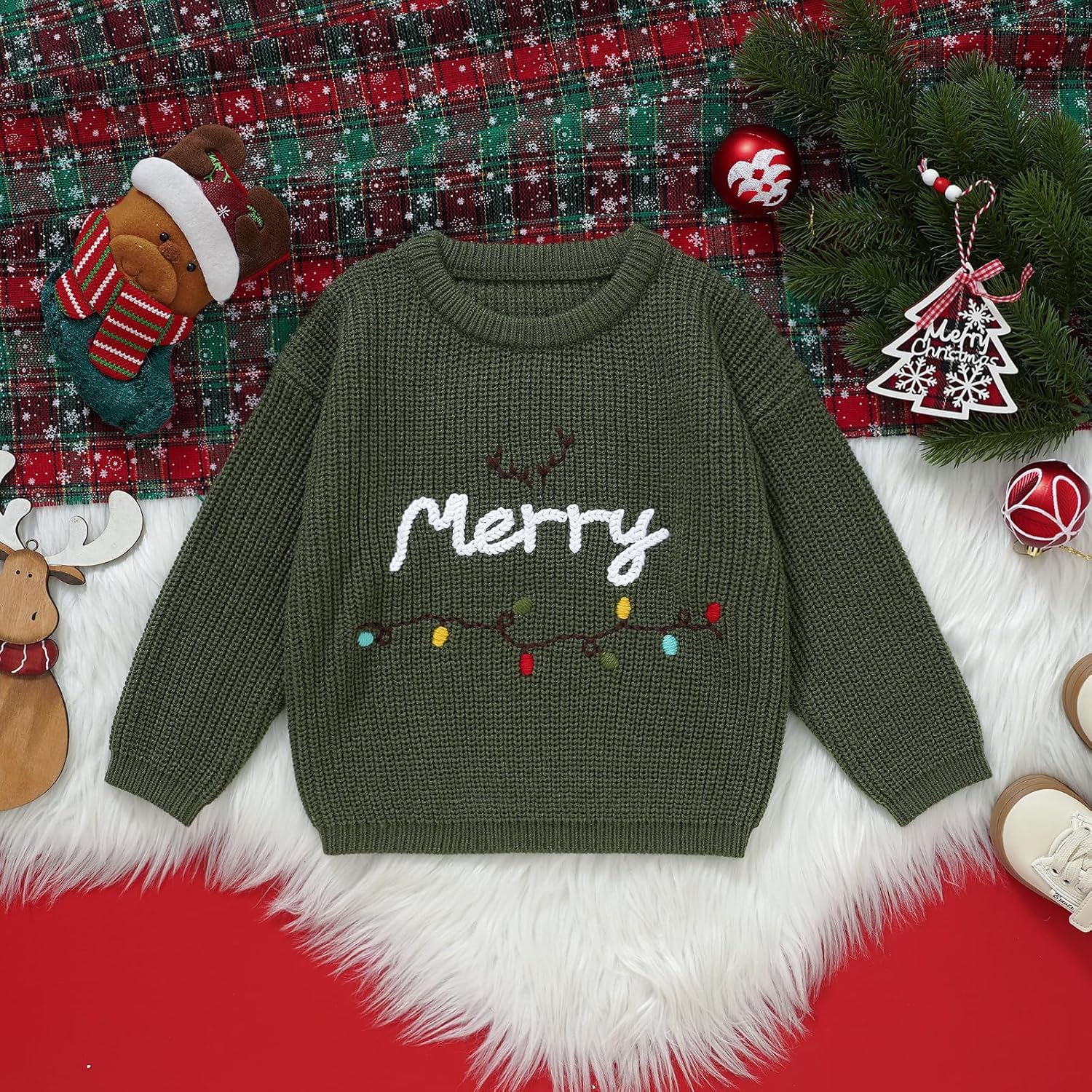 Toddler Girl/Boy Christmas Sweater Merry Hand Embroidered Sweater Knitted Pullover Winter - Image 2