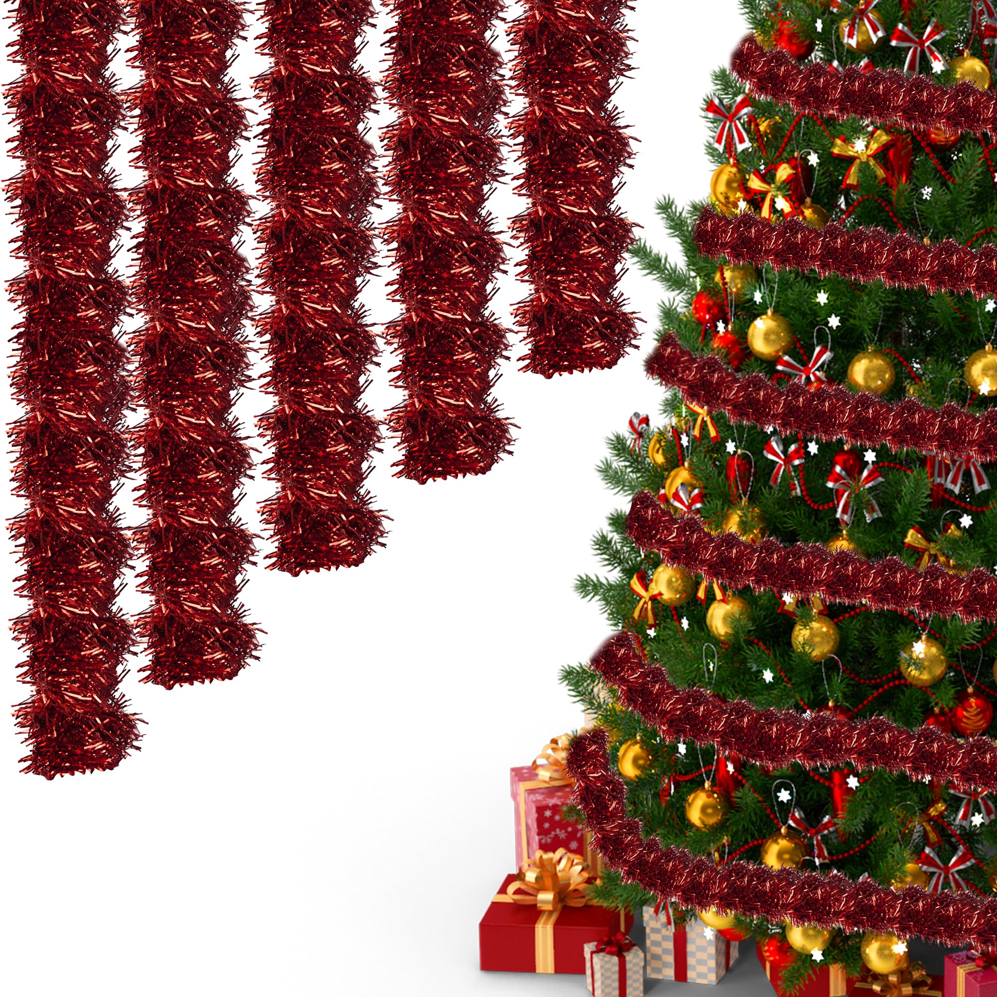 Trimming Shop 10M Red Chunky Christmas Tinsel Garland Shiny Metallic Fine Foil Twist Xmas Tree Garland for Festive Party, Holiday Celebration, Indoor & Outdoor Hanging Decorations