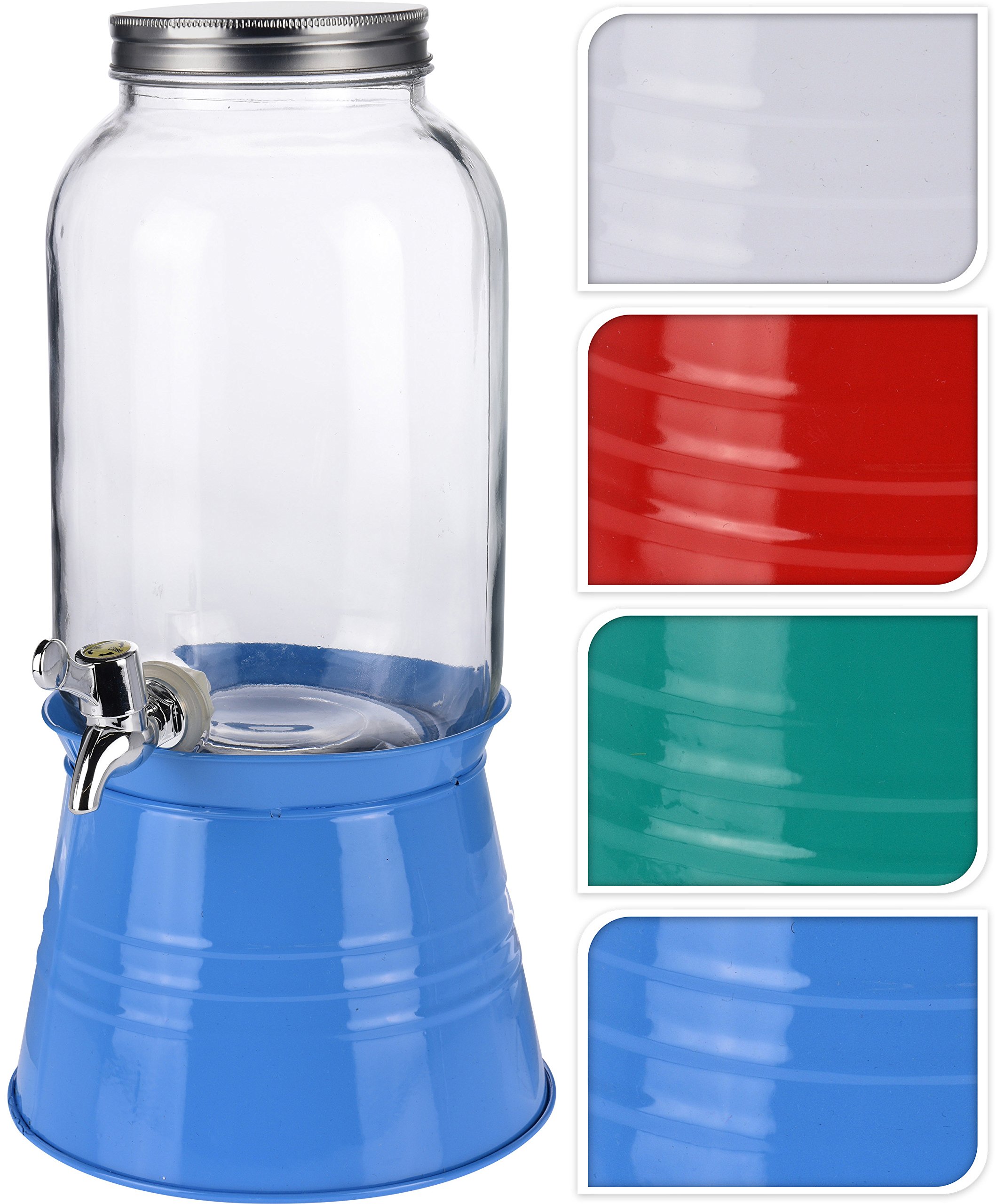 Glass Drinks Dispenser Mason JAR Home Outdoor Picnic BBQ Parties with TAP & Metal Mug jar Set with Stand Summer Party Glass Bottles Green ICE Bucket 3.6 L