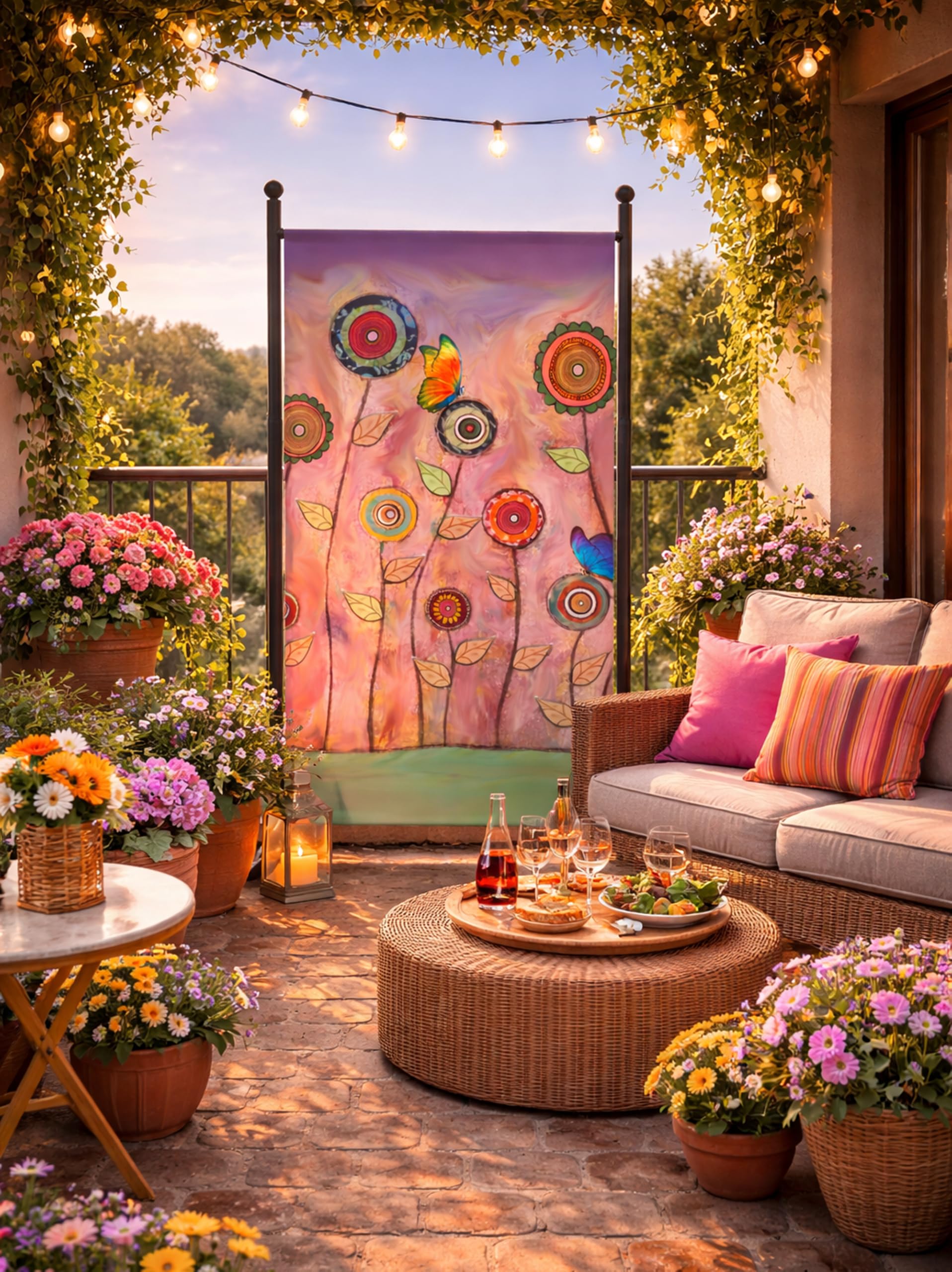 QUICK STAR Paravent Outdoor Wetterfest 180 x 78 cm Retro Flowers | Raumteiler Stellwand Innen | Garten & Balkon Sichtschutz Blickdicht