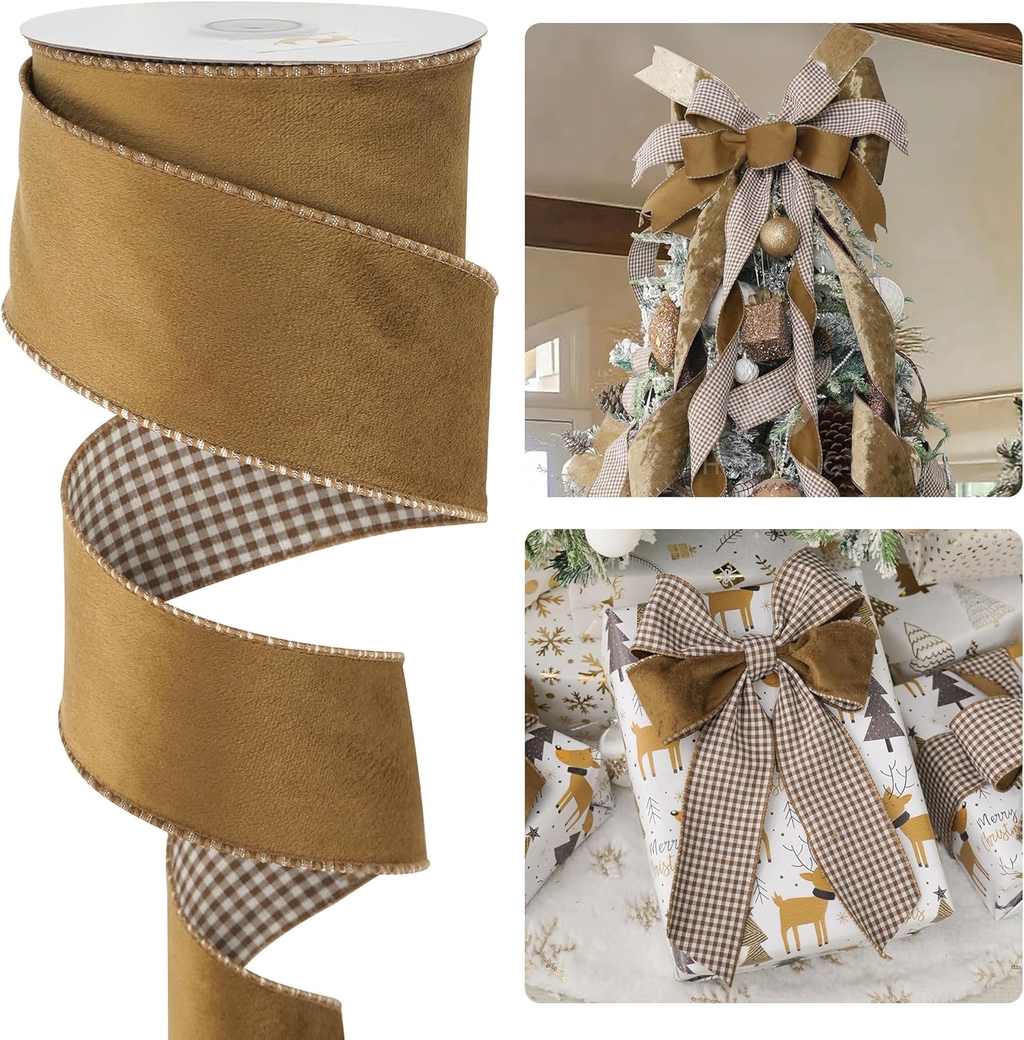 HUIHUANG Brown Velvet Wired Ribbon with Gingham Reversible 2.5 inch Brown Check Christmas Ribbon for Trees Decoration, Garlands, Gift Wrapping, Bows, Wreaths Supplies- Continuous 10 Yards