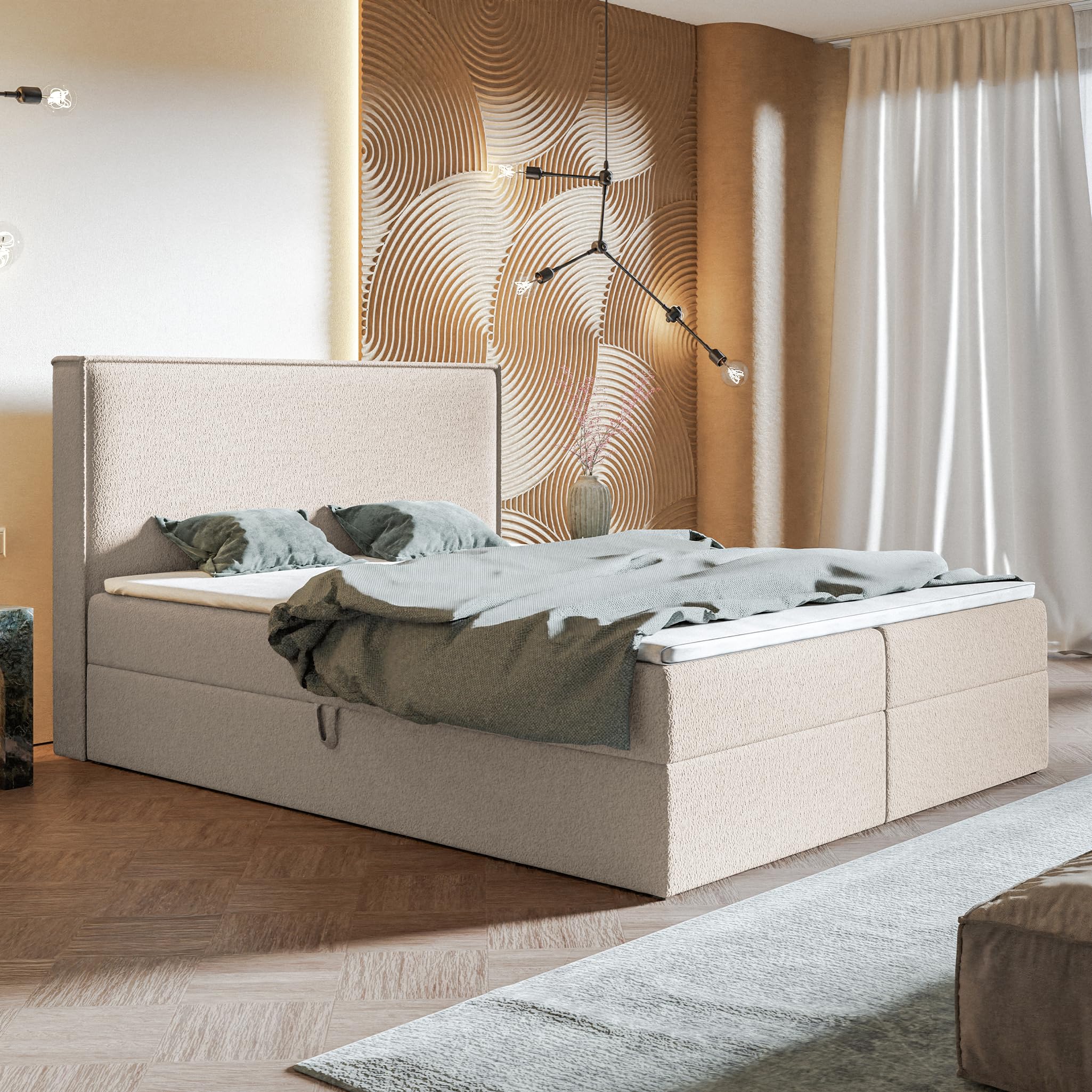 MOTIVENA Bari Boxspringbett 180x200 Beige Boucle, mit Taschenfederkern-Matratze (H3), mit Visco Memory-Foam Topper (H2), Boxspringbett 180x200 mit Bettkasten Beige