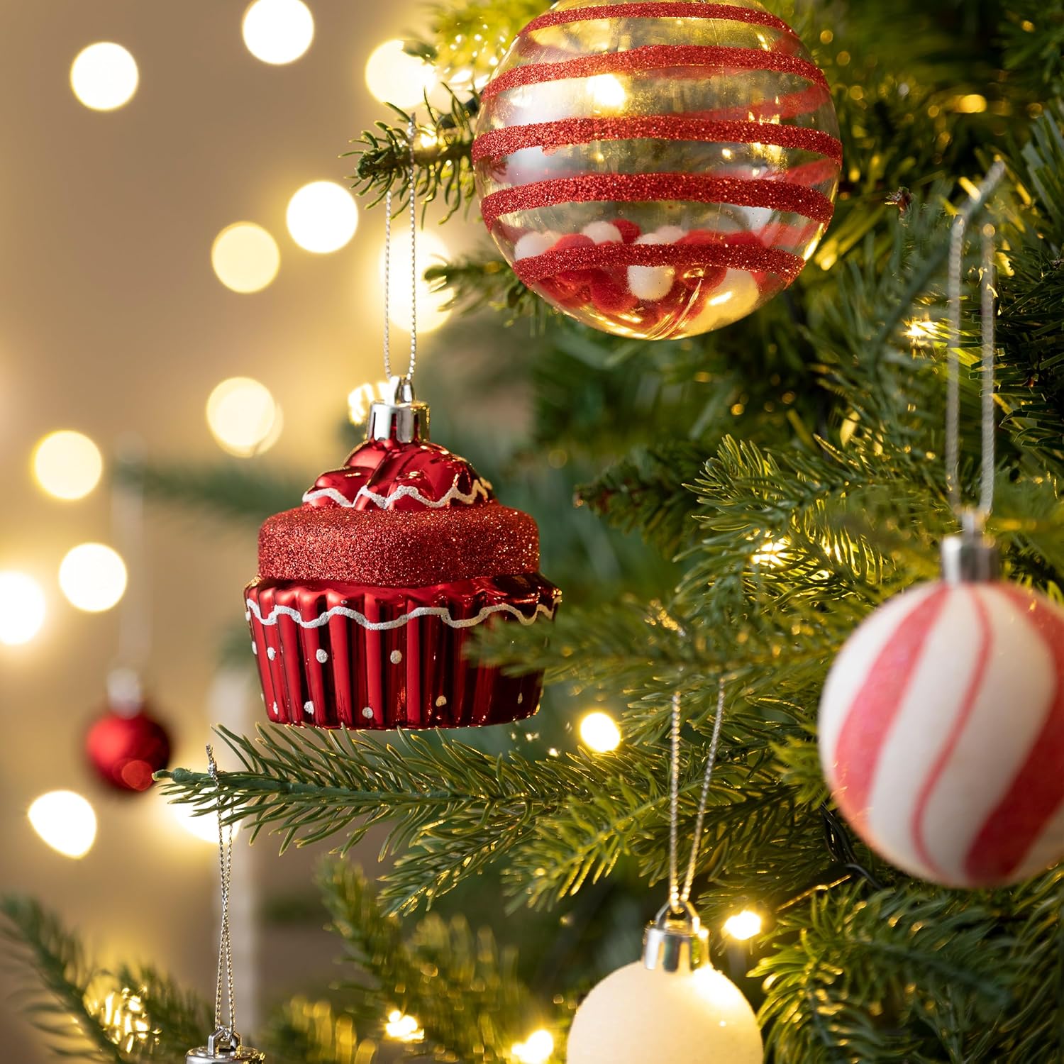 Valery Madelyn Christmas Ornaments Set, 120ct Candy Cane Red and White Shatterproof Christmas Tree Decorations Set, Variety Decorative Hanging Ball Ornaments Bulk for Xmas Holiday Party Decor - Image 6