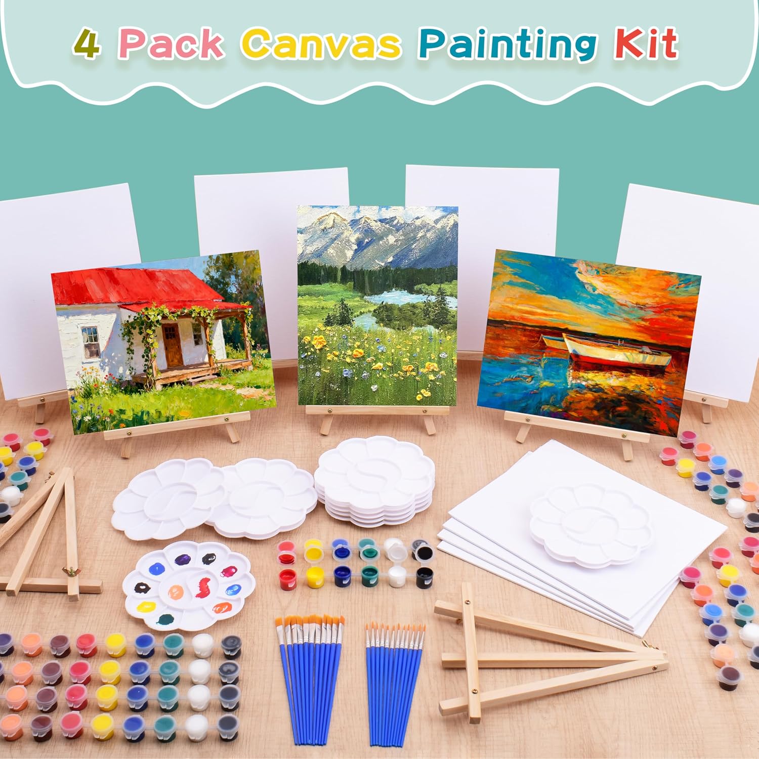 4 Pack 8x10 Inch Canvas and Easel Set, Sip and Paint Kit for Adults,Art Canvas Bulk with Easels Stands, Trays,Small Paint Brushes,12 Colors Mini Acrylic Paint Set for Couples and Party Supplies