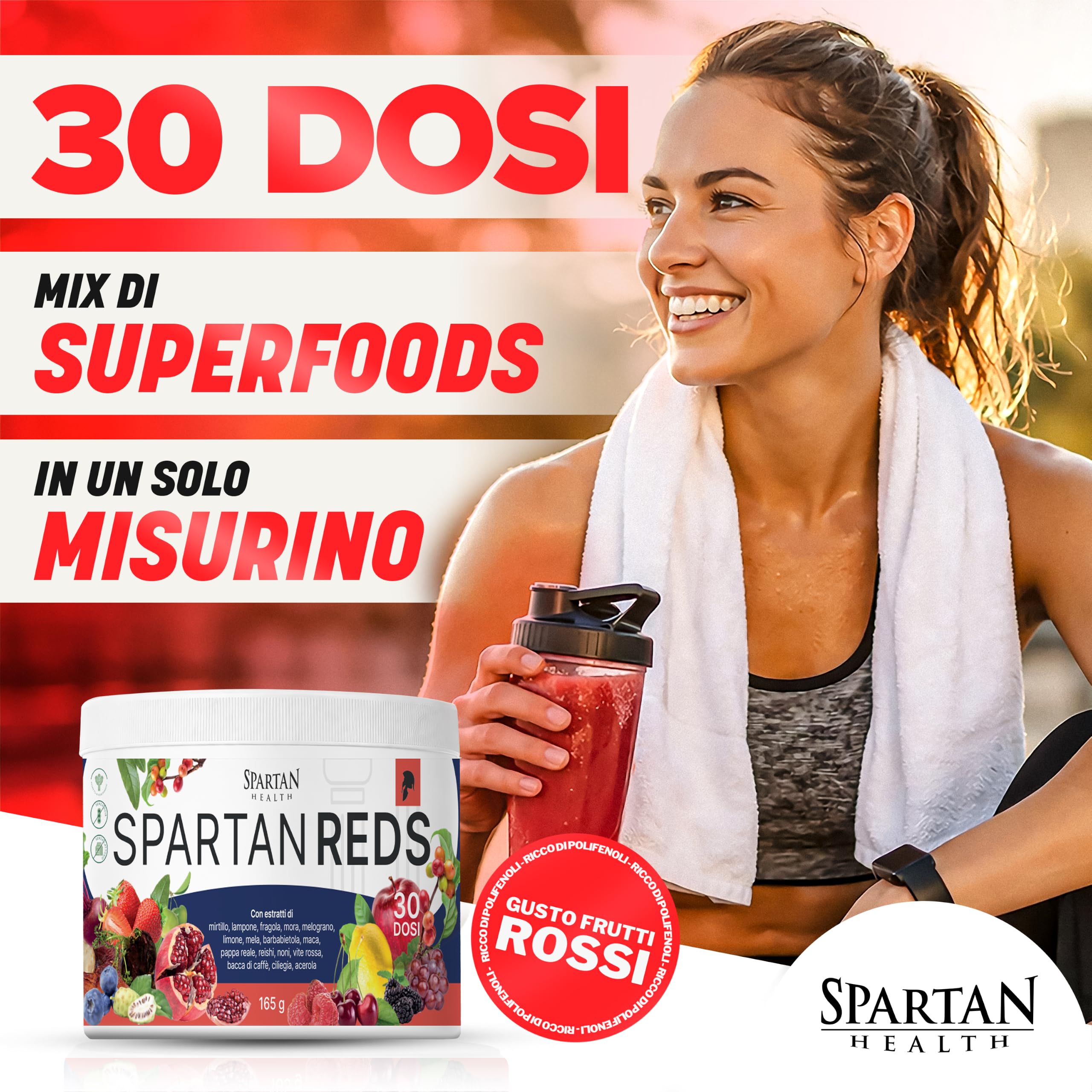Spartan Health – Spartan Reds – Integratore Antiossidante Energizzante con Maca, Reishi e Noni – L'Evoluzione dell'Estratto di Mirtillo Rosso e Vitamine Vegetali – Superfood in Polvere