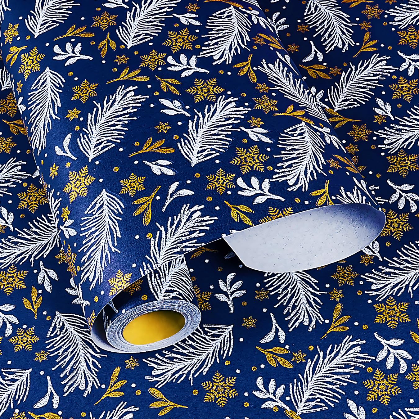 Christmas Wrapping Paper Roll - 17Inch x 33Feet, Navy Blue Matte Kraft Xmas Wrapping Paper, White and Gold Foiled Leaves, Snowflake Design Gift Wrapping Paper for Christmas, New Year