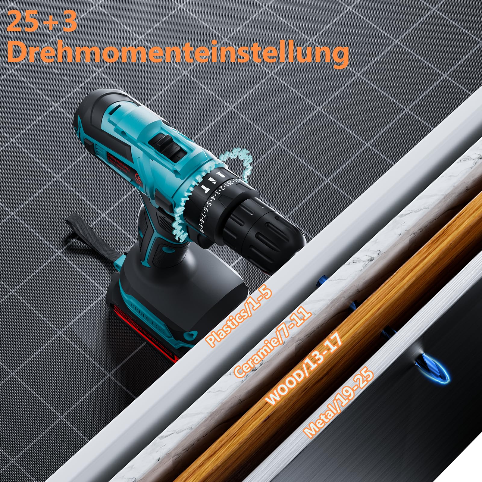 Akkuschrauber, 21V Akku Bohrschrauber mit 2 Akkus 2000mAh und Ladegerät 45Nm Drehmoment Max 25+3 Drehmomentstufen (2-Gang & LED) für Haus und Garten DIY Projekt (Blau)