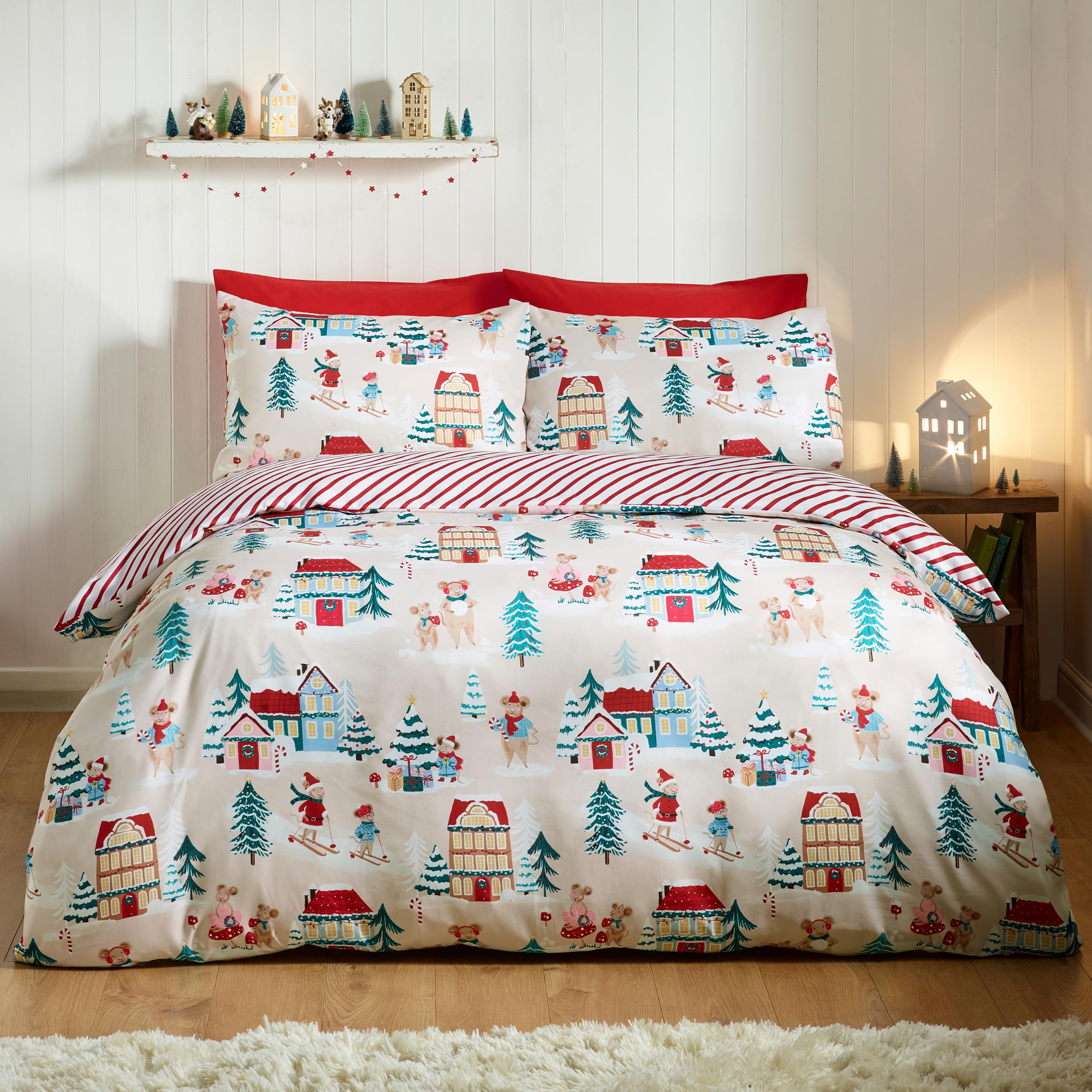 Catherine Lansfield Christmas Mouse Town Double Duvet Cover Set Natural