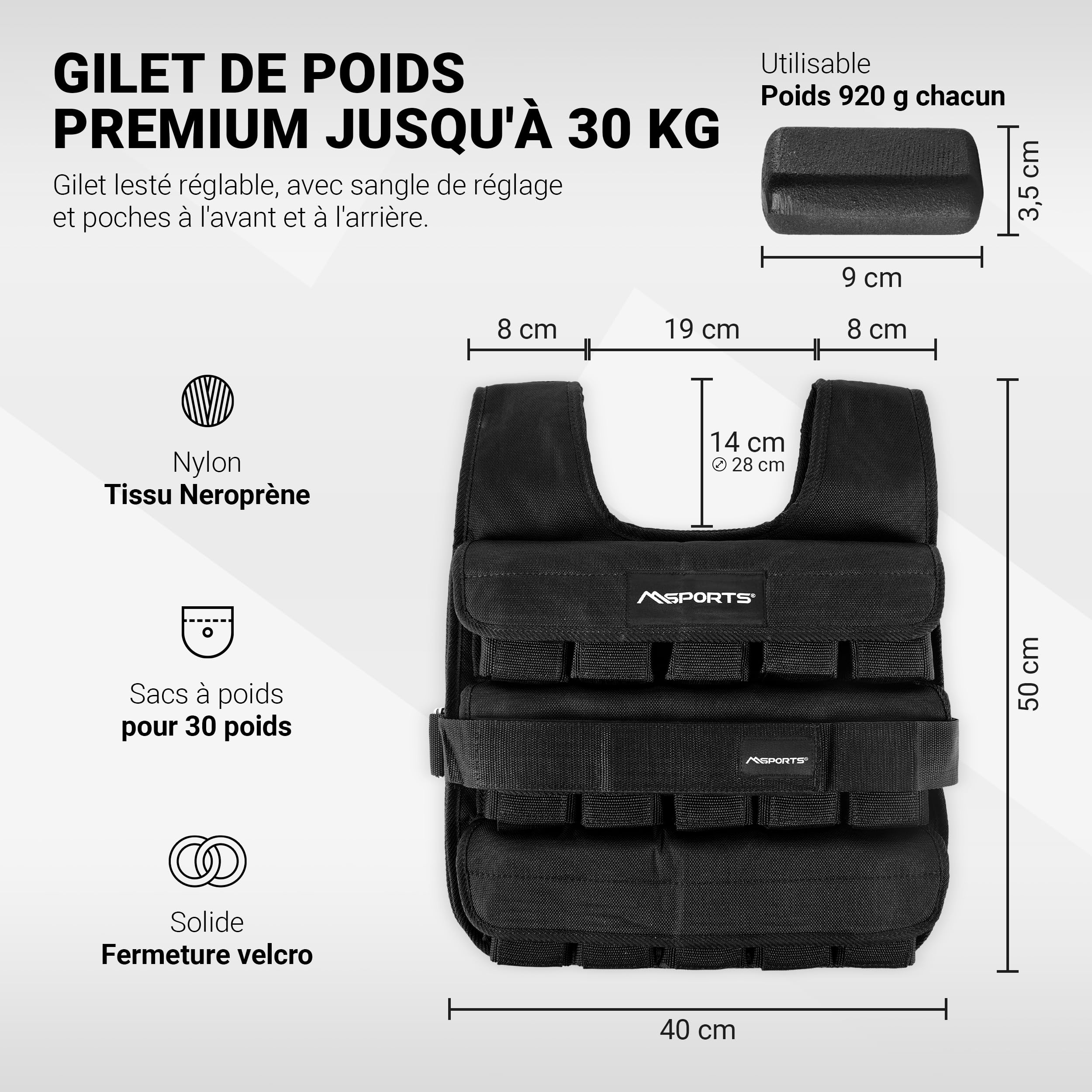 MSPORTS Gilet lesté de qualité supérieure, réglable de 5 kg à 30 kg, pour l'entraînement et la musculation