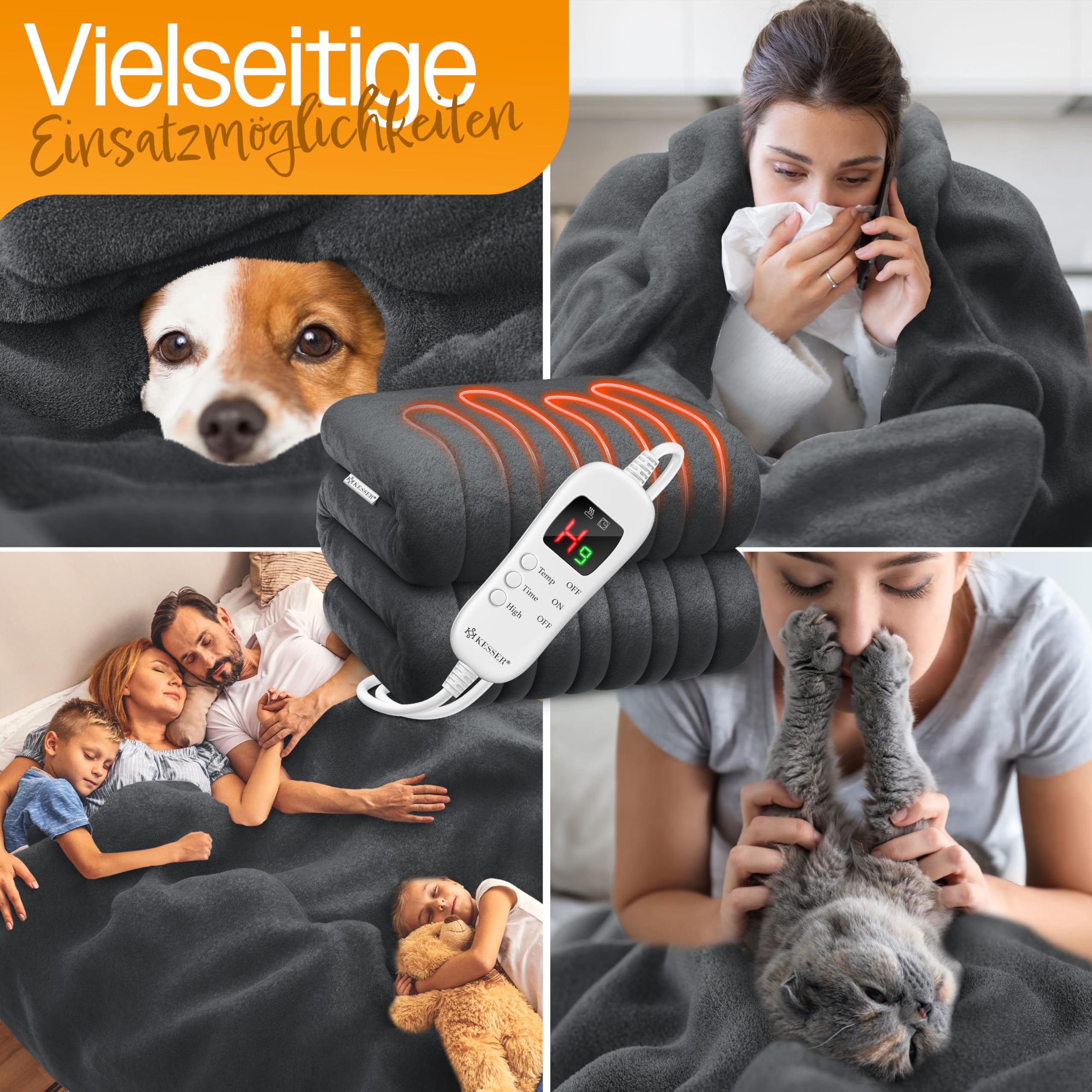 KESSER® Heizdecke aus Plüsch 180x130cm Grau TÜV SÜD GS geprüft | elektrische Wärmedecke mit Timer Abschaltautomatik | Kuscheldecke Decke | 7 Temperaturstufen | waschbar bis 40°C | Digitalanzeige