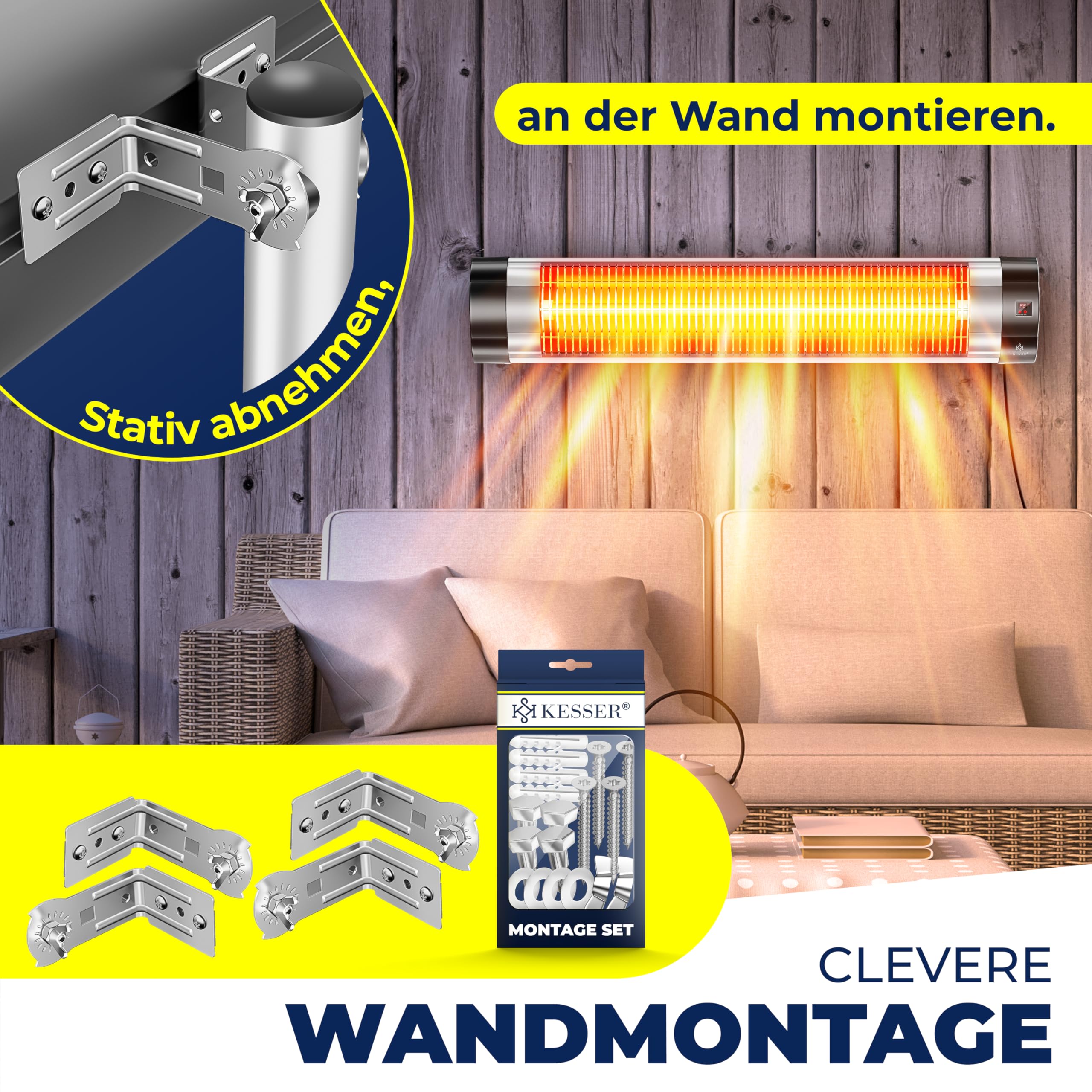 KESSER® Infrarotstrahler Heizstrahler Terrassenstrahler 2500W mit Fernbedienung inkl. Schutzhülle höhenverstellbarem Teleskopstativ Wickeltischstrahler Terrassenheizer Quarzstrahler Infrarot