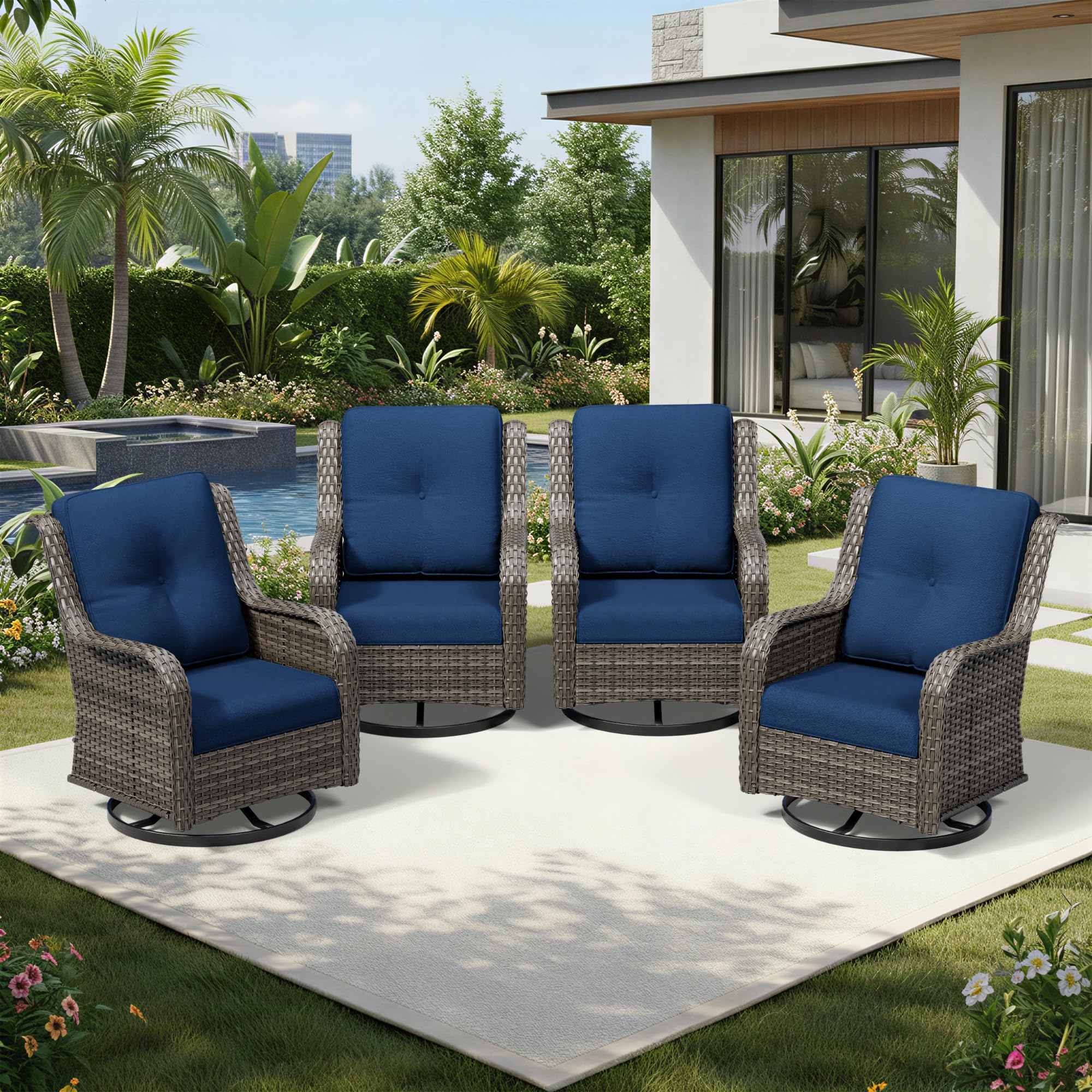Joyside 4 Piece Outdoor Swivel Rocker Patio Chairs, Wicker Patio Furniture with High Back, Deep Seating, Wide Armrest, Thickened Cushions, Outdoor Rattan Furniture for Deck, Porch Use