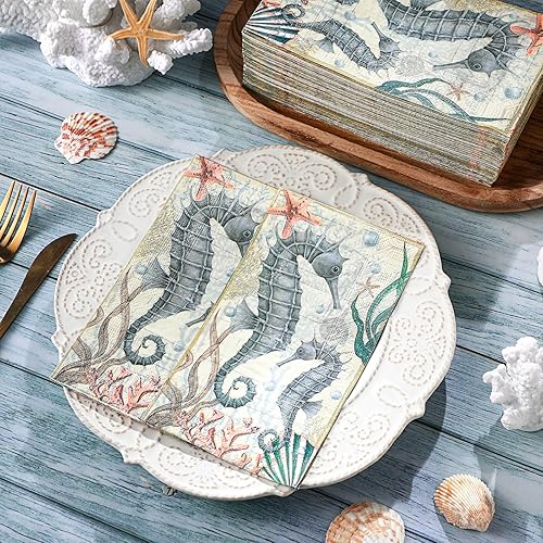 Miniatura 10 de Jetec 200 servilletas de papel de mar, toallas de papel de verano para baño, diseño de estrella de mar azul marino, desechables, servilletas de