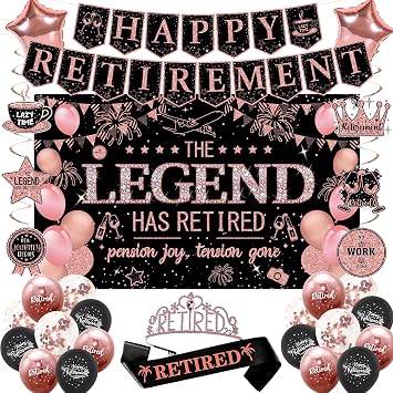 Roetyce Retirement Party Decorations Women, Black and Pink Happy Retirement Banner Backdrop Balloon Hanging Swirls for Coworker, Rose Gold Lengend Has Retired Sash & Crown, Office Retired Background