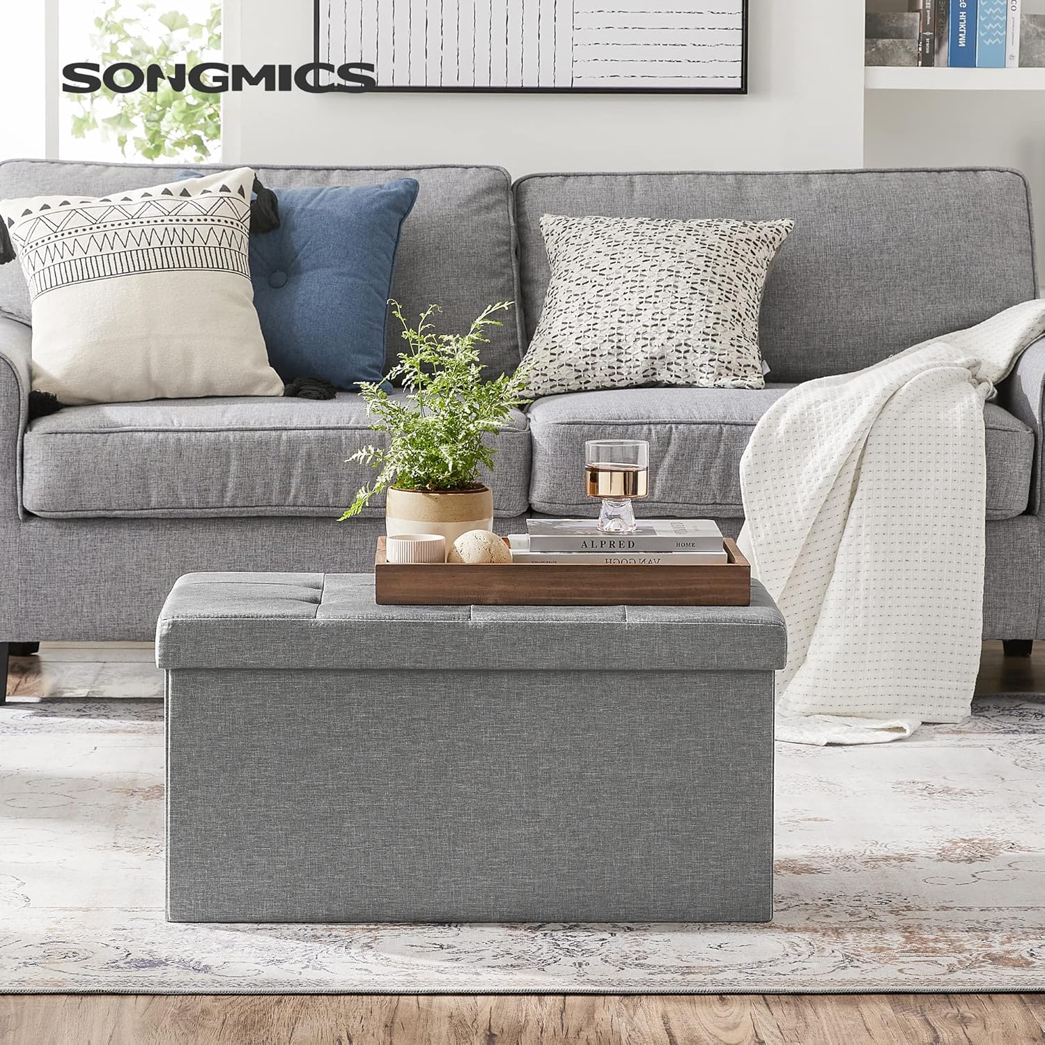SONGMICS 30 Inches Folding Storage Ottoman Bench, Storage Chest, Foot Rest Stool, Light Gray ULSF47G, 15 x 30 x 15 Inches