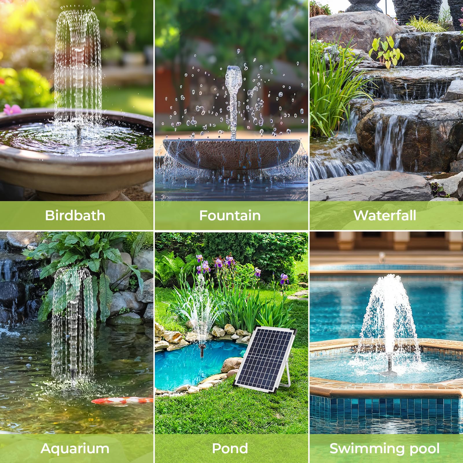 Clevich 10-12W Fontaine Solaire, Pompe à Eau Solaire, avec Tuyau d'eau de 1 m, Câble de 3,25 m, pour Bassins à Poissons, Petits Bassins, Cascades, Pots de Fleurs, Fontaines Décoratives