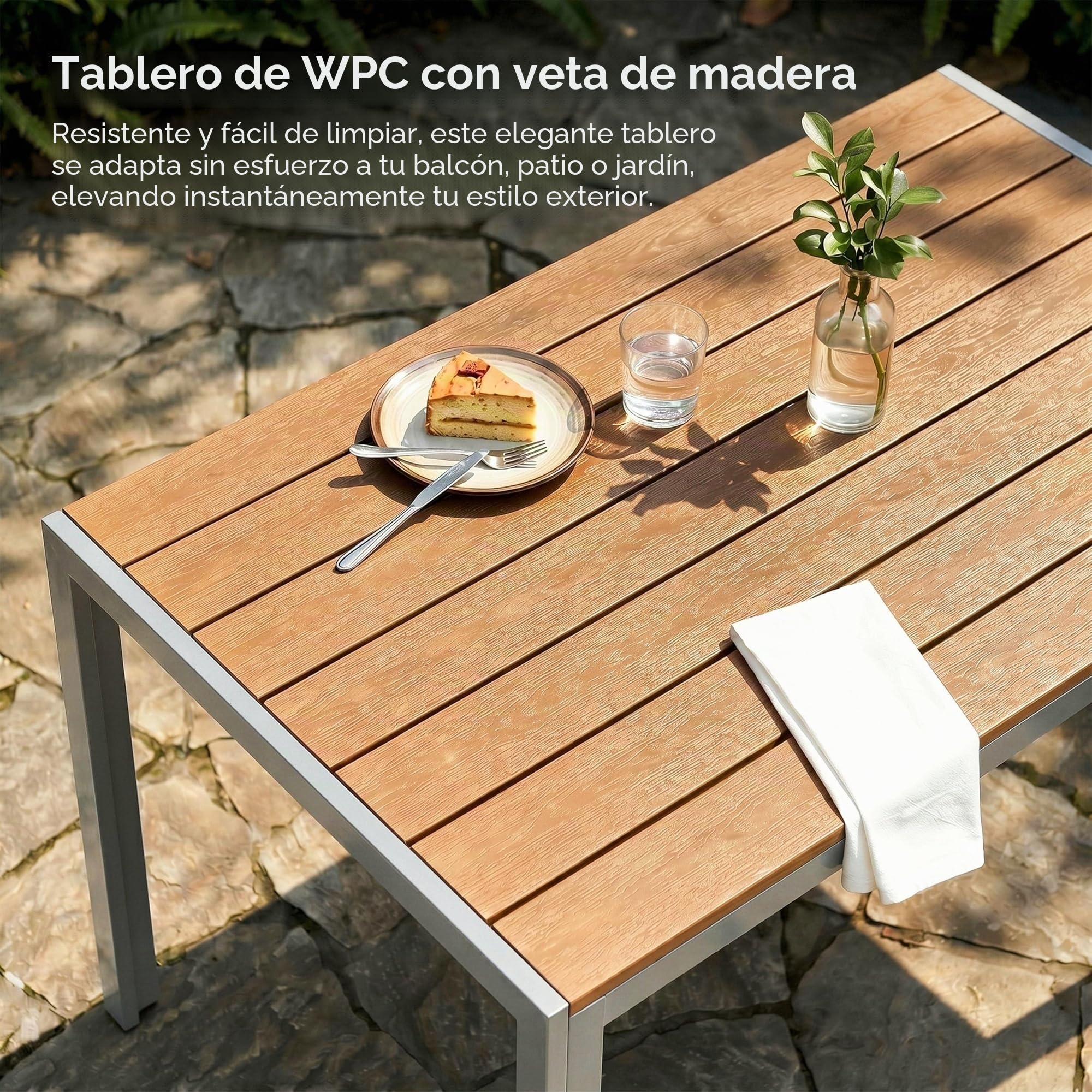 LIFERUN Mesa de Jardín 110x70 cm, Mesa de Terraza de WPC para 4-6 Personas, Mesa de Balcón Resistente a la Intemperie con Estructura de Aluminio, Diseño Aspecto Madera,Marrón Teca+Gris Claro