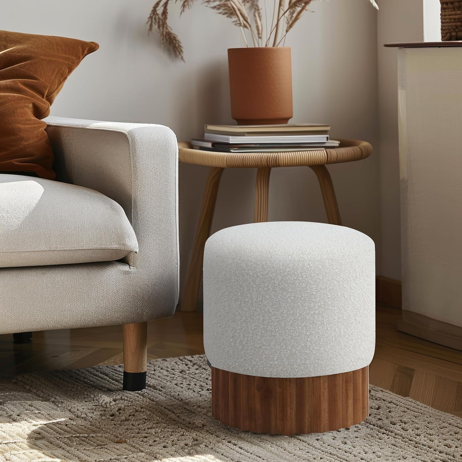 Meridian Furniture 22047Cream Veranda Collection Mid-Century Modern Ottoman/Stool with Rich Cream Boucle Fabric, Solid Wood Walnut Brown Finish Base, 16" W x 16" D x 17" H, Cream