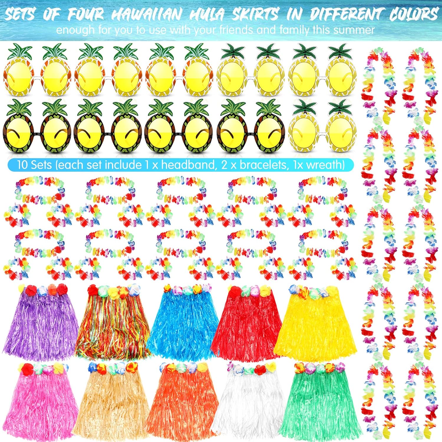Miniatura 2 de Paquete de 10 accesorios de disfraz de falda hula hawaiana, faldas de hierba hawaiana para fiesta Luau, diadema hawaiana, flores, collar, pulseras