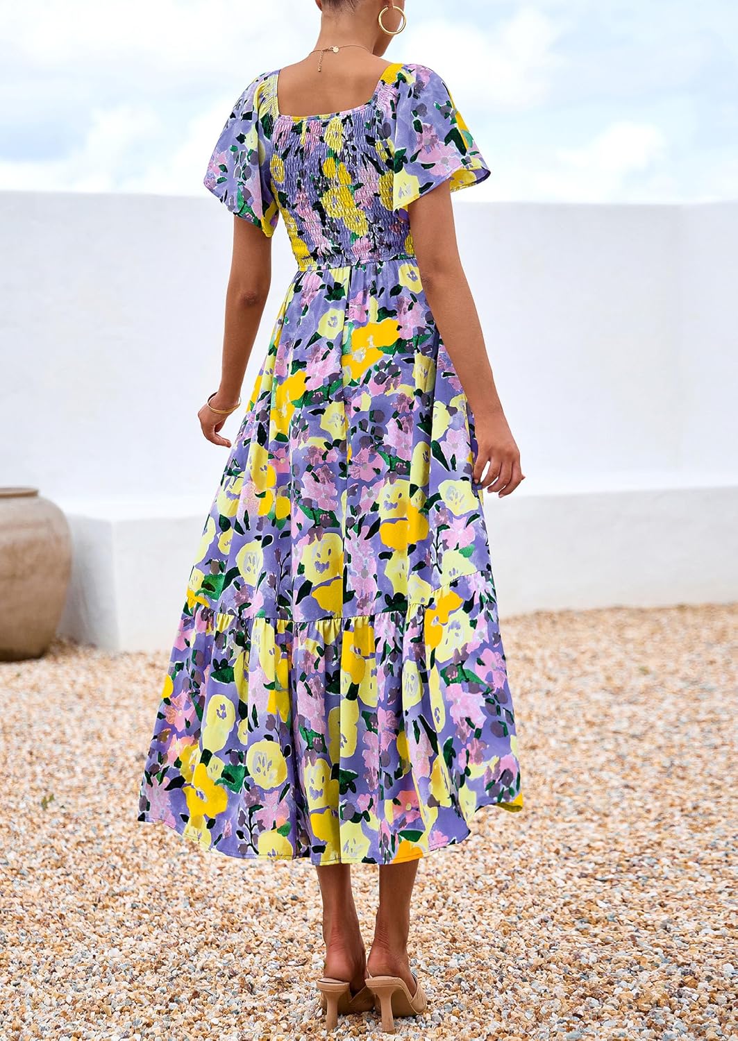 PRETTYGARDEN Boho Dresses for Women 2026 Summer Floral Short Sleeve V Neck Smocked Flowy Beach Vacation Maxi Dress - Image 5