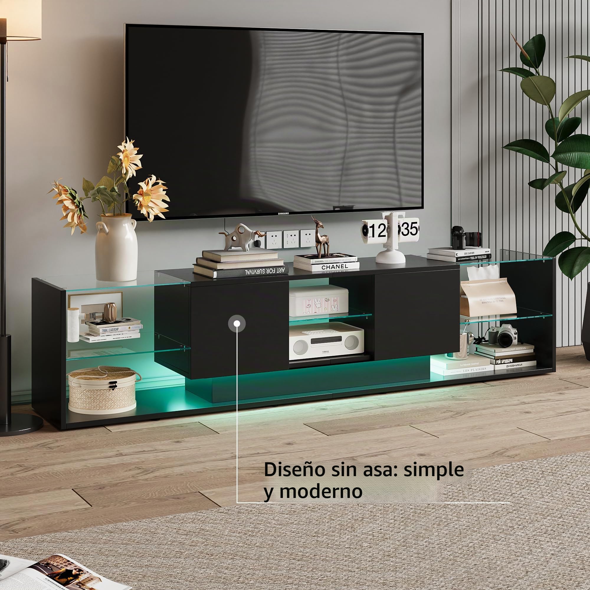Mueble TV negro con luces LED, moderno mueble de TV de 200 cm con 2 cajones y estantes de cristal, mesa Tele banco TV para salón o dormitorio (negro, 200 x 35 x 45 cm)