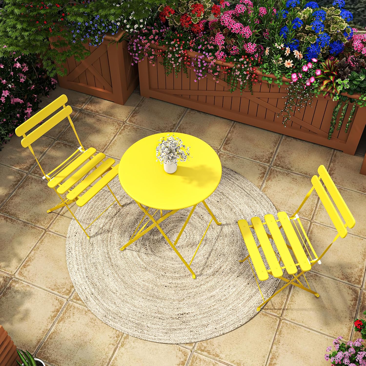 Folding Bistro Table and Chairs Set, 2 Chair & Table Patio Furniture for Outdoor/Indoor Use, Compact Foldable Coffee Table Set for Balcony, Yard, Garden, Yellow
