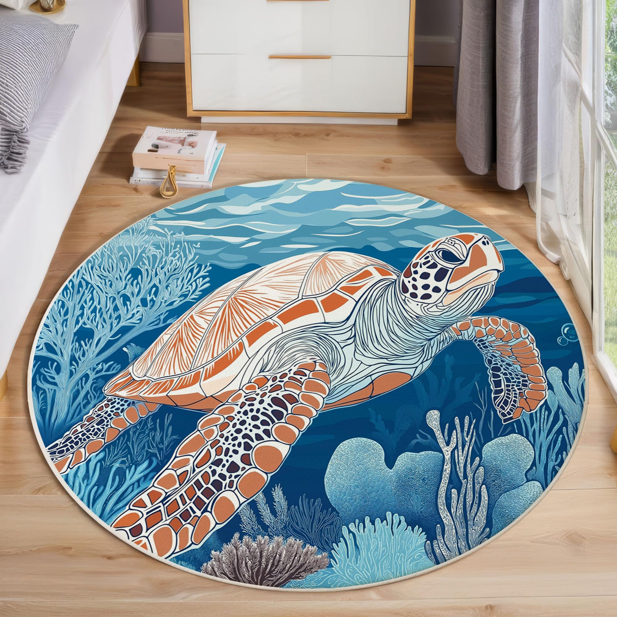 Tapis de salon rond a poils courts doux 200cm bleu