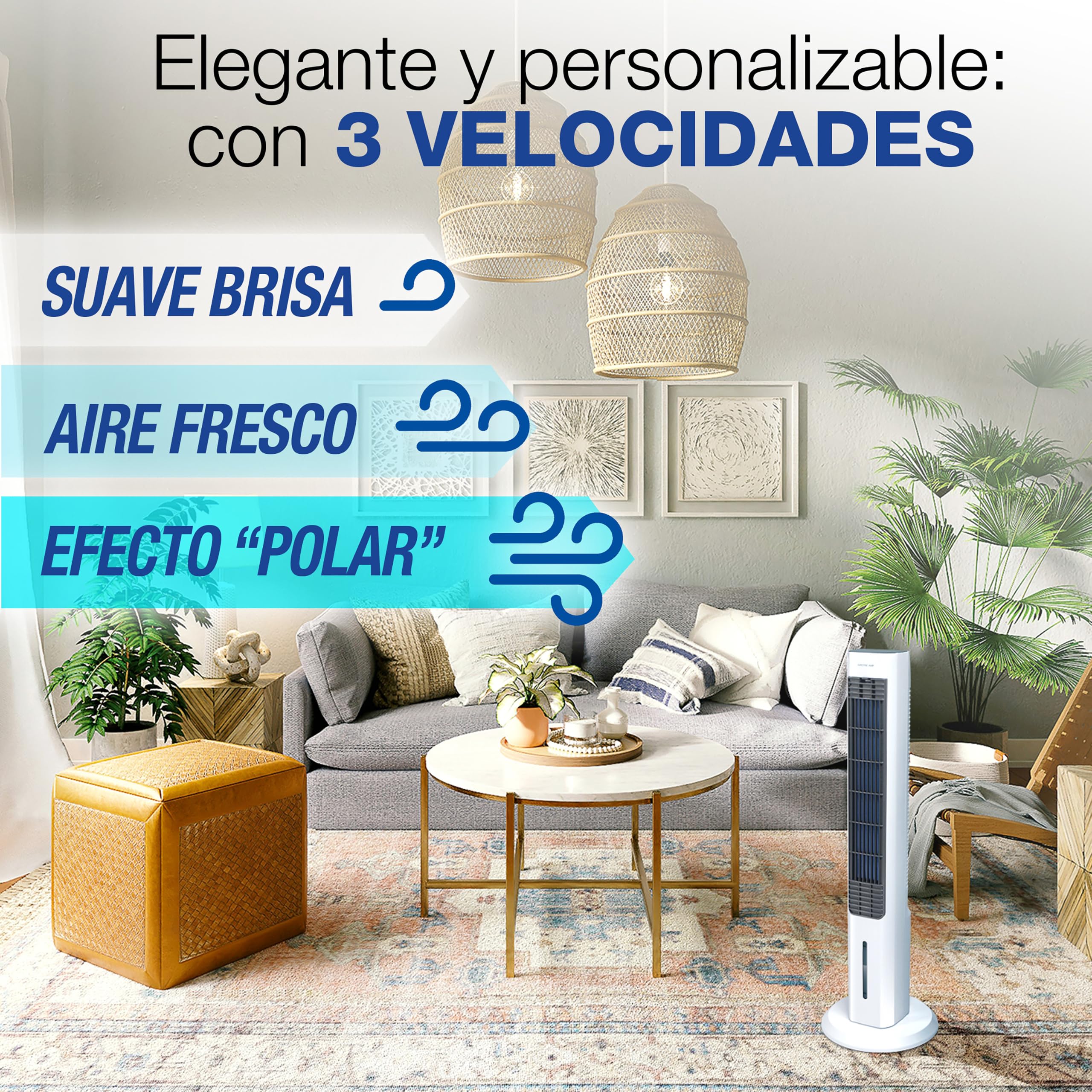Enfriador Evaporativo de Torre 4 en 1 – Enfriador, Ventilador sin Aspas, Humidificador y Aromatizador, Bajo Consumo 55W, 66dB. Versátil, compacto y portátil. Sin Instalación.