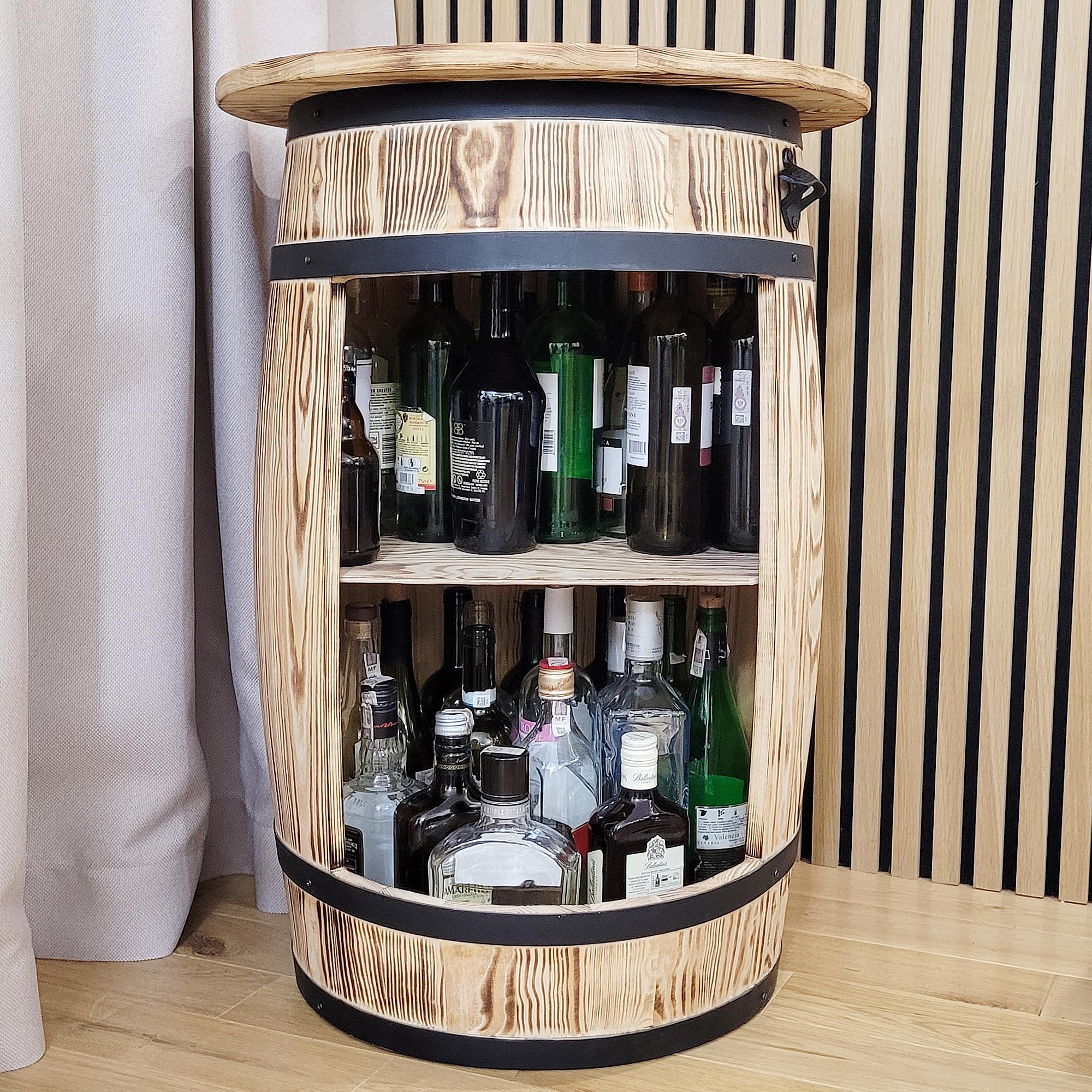 weeco Bar Tonneau en Bois - Meuble Bar avec Plateau et Ouvre-Bouteille - Étagère pour 30-40 Bouteilles - Style Rustique et Vintage - 80x50 cm