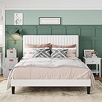 Allewie Full Size Velvet Platform Bed Frame with Adjustable Tufted Headboard, Strong Wood Slats, No Box Spring Needed, Easy Assembly - Off-White