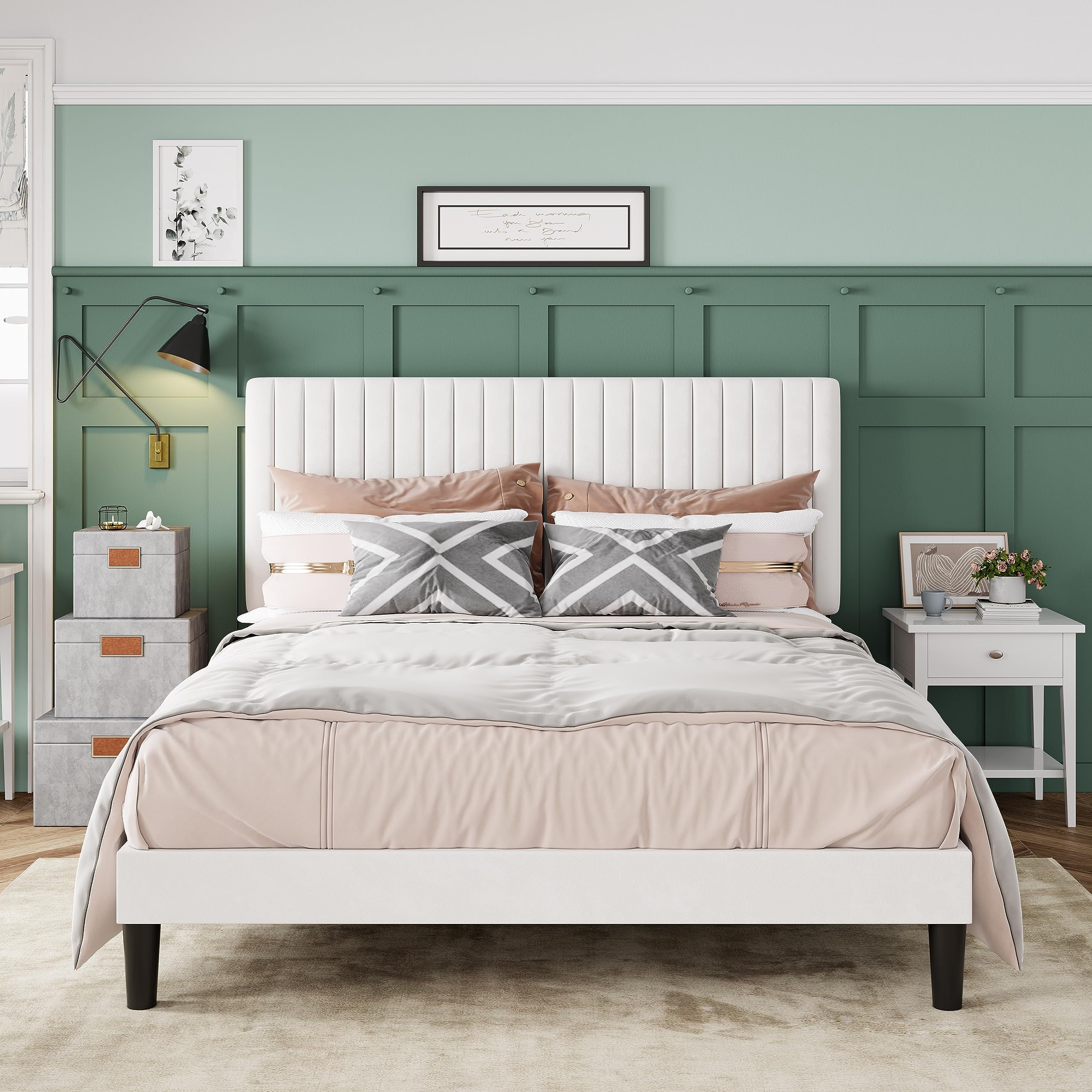 Allewie Queen Bed Frame, Velvet Upholstered Platform Bed with Adjustable Vertical Channel Tufted Headboard, Mattress Foundation with Strong Wooden Slats, Box Spring Optional, Easy Assembly, Off-White